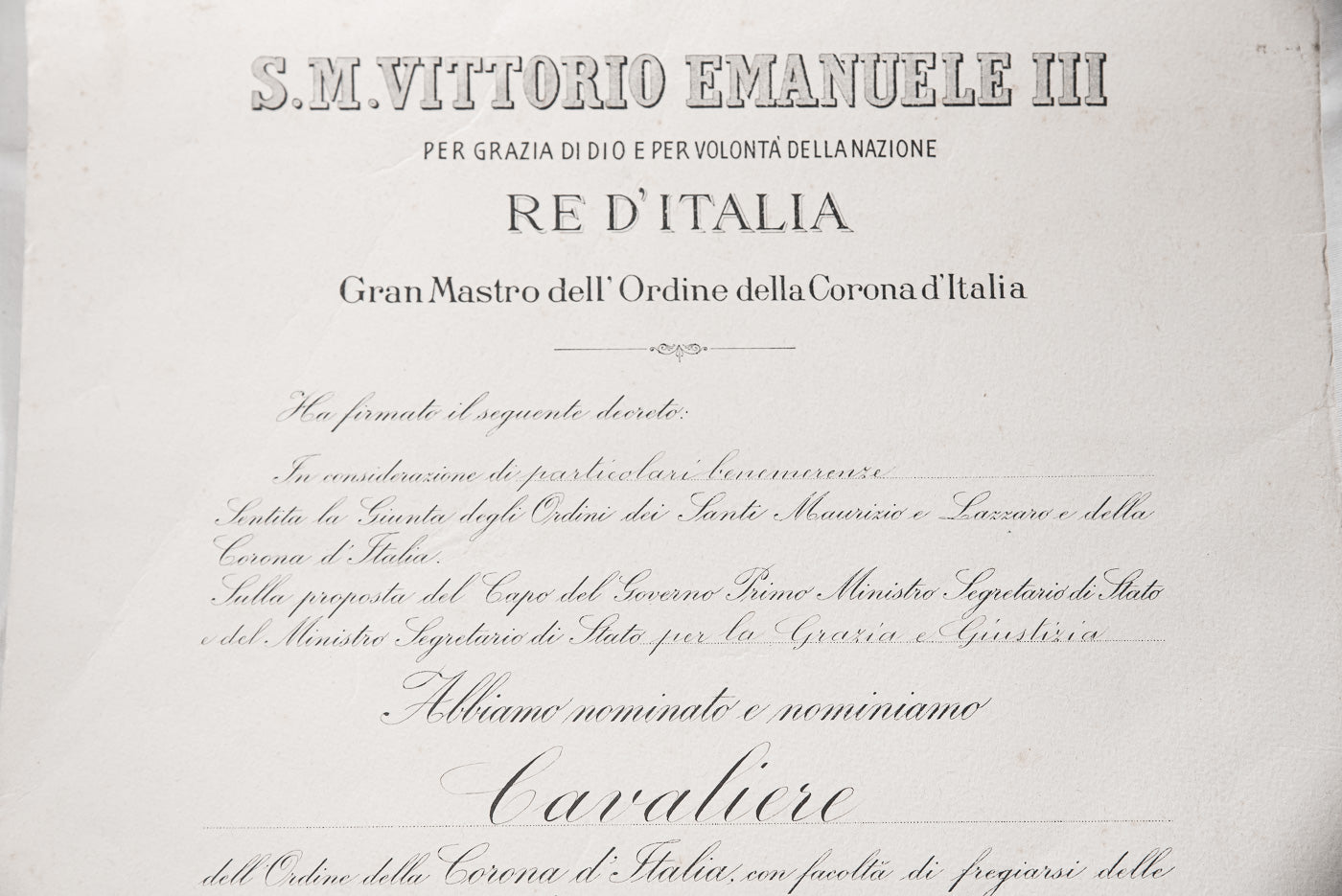 Attestato per Croce di Cavaliere della Corona d'Italia