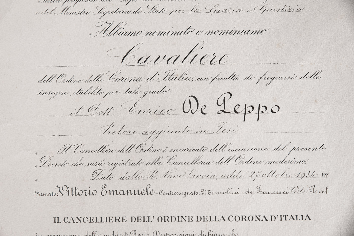 Attestato per Croce di Cavaliere della Corona d'Italia