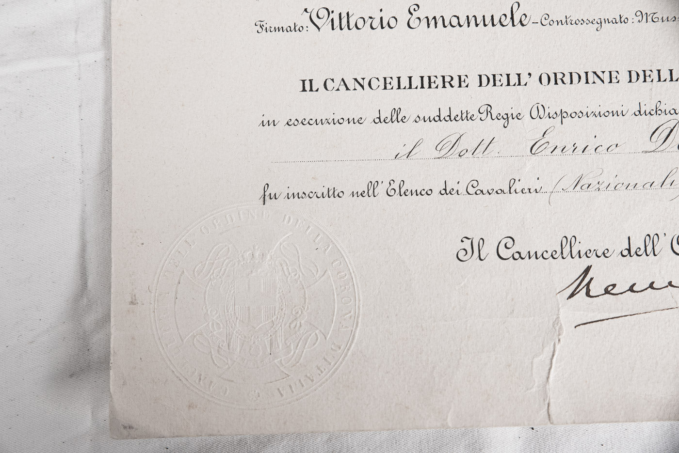 Attestato per Croce di Cavaliere della Corona d'Italia
