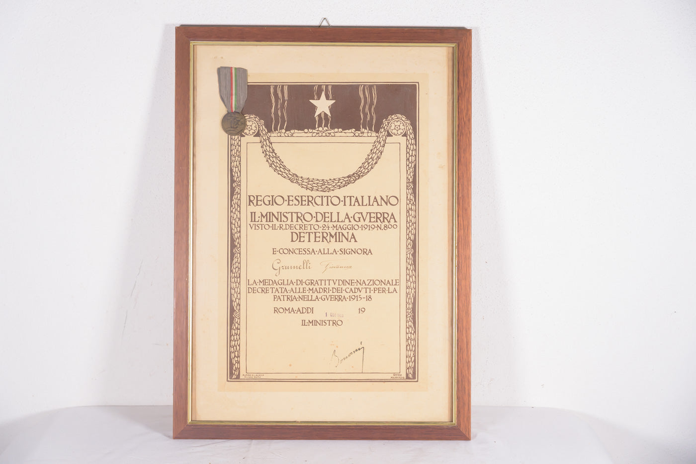 Medaglia con attestato alle Madri di Figli caduti 1915/18