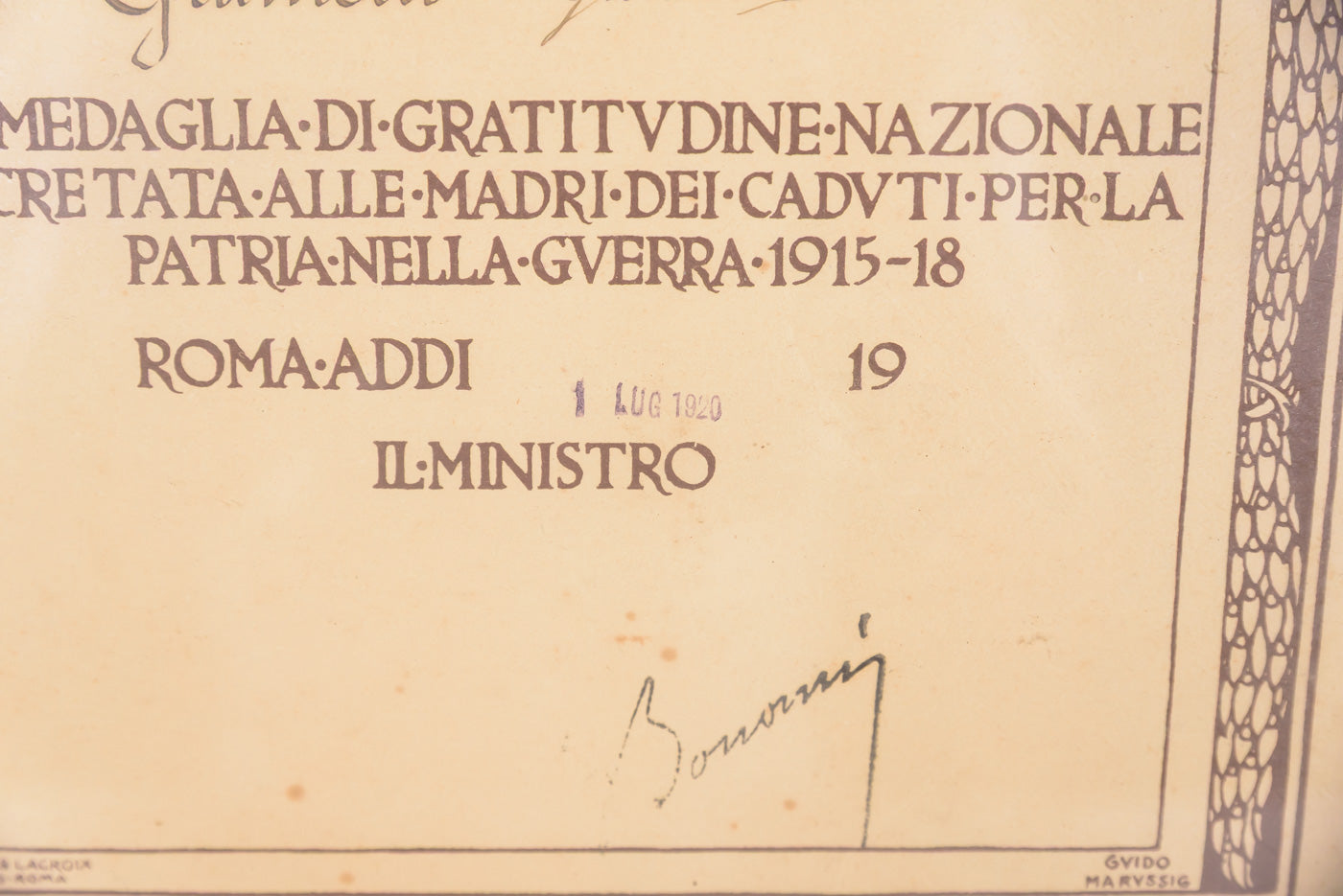 Medaglia con attestato alle Madri di Figli caduti 1915/18