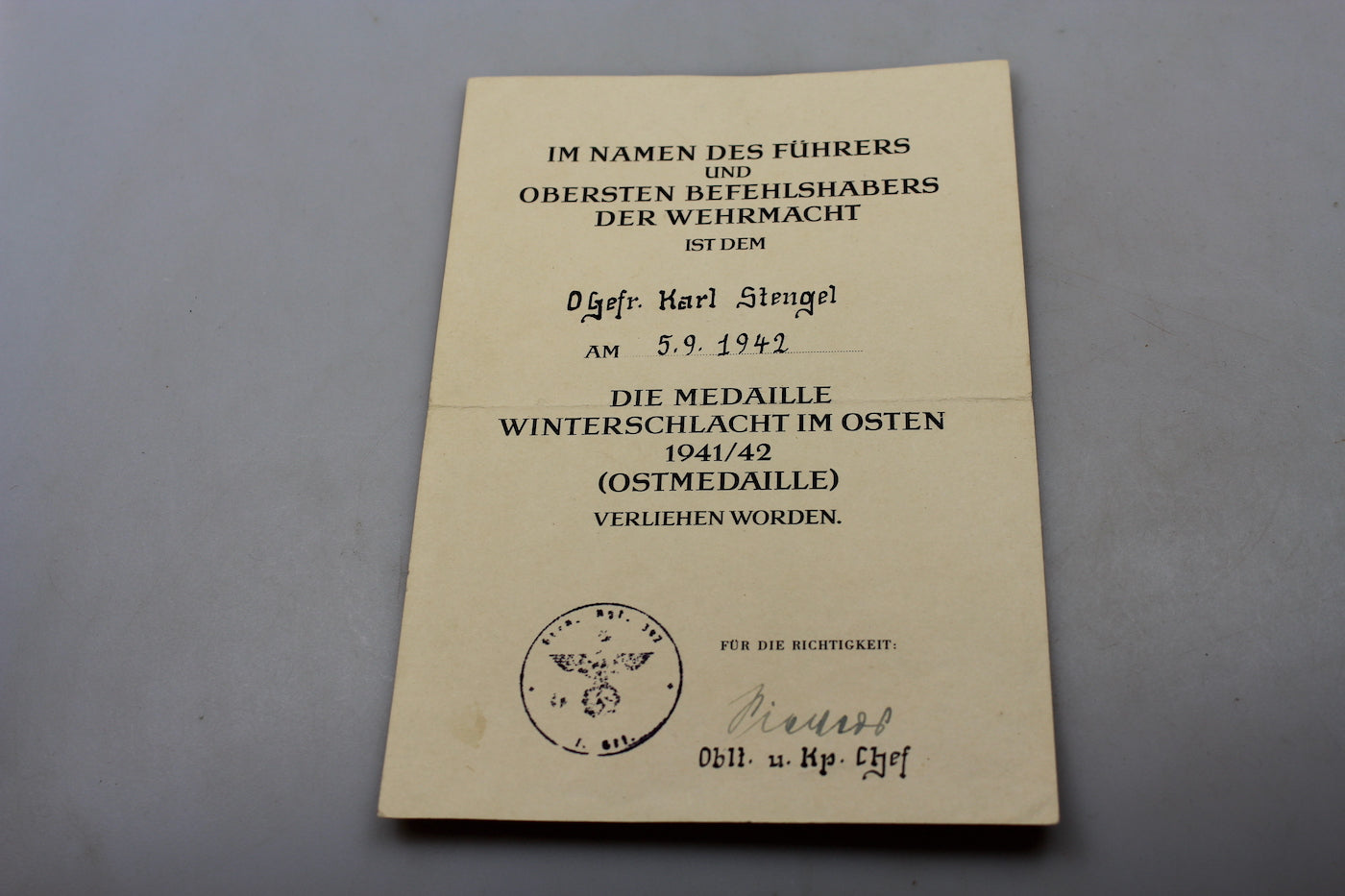 Attestato Ostmedaille 1941/42
