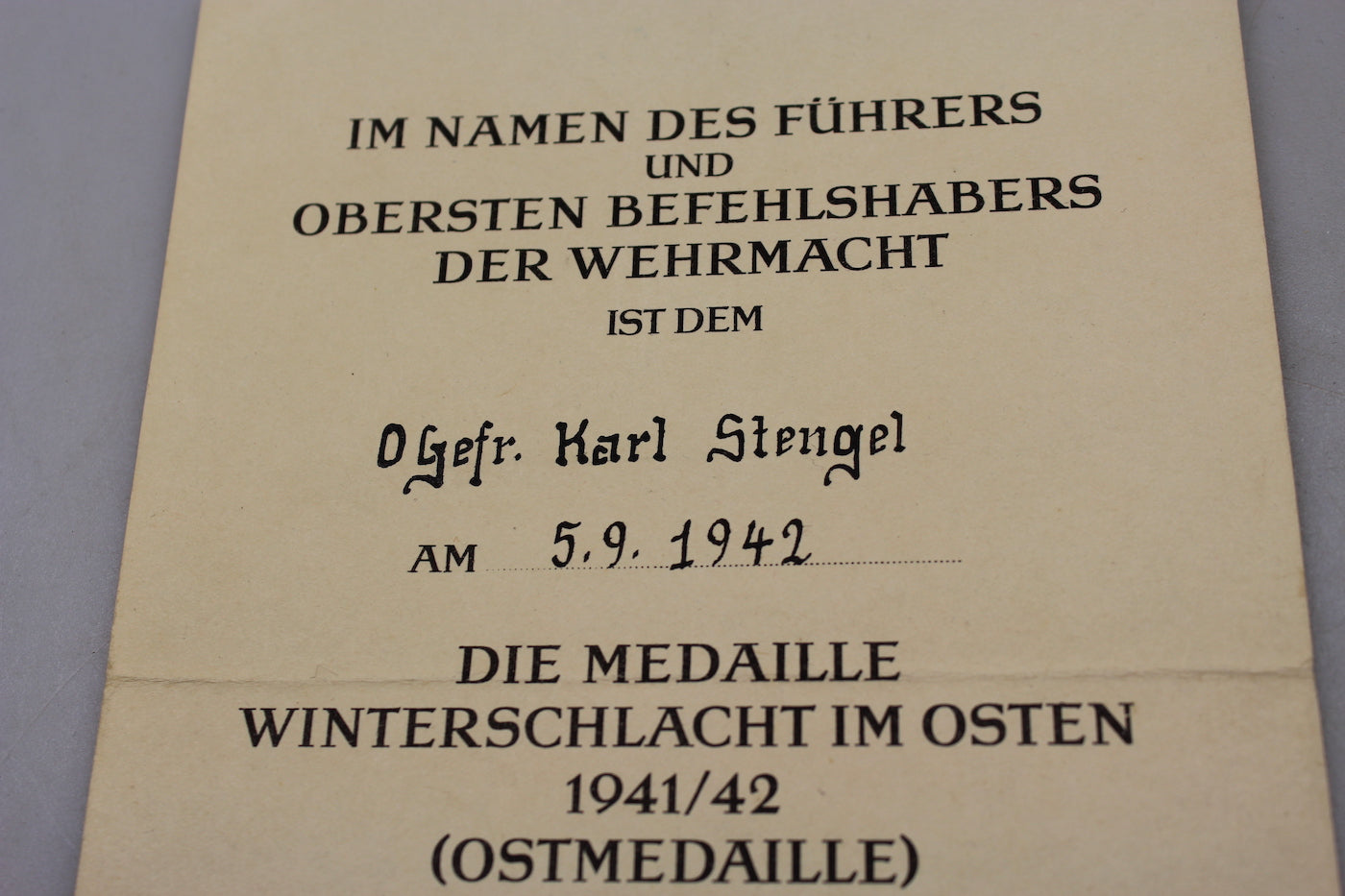 Attestato Ostmedaille 1941/42
