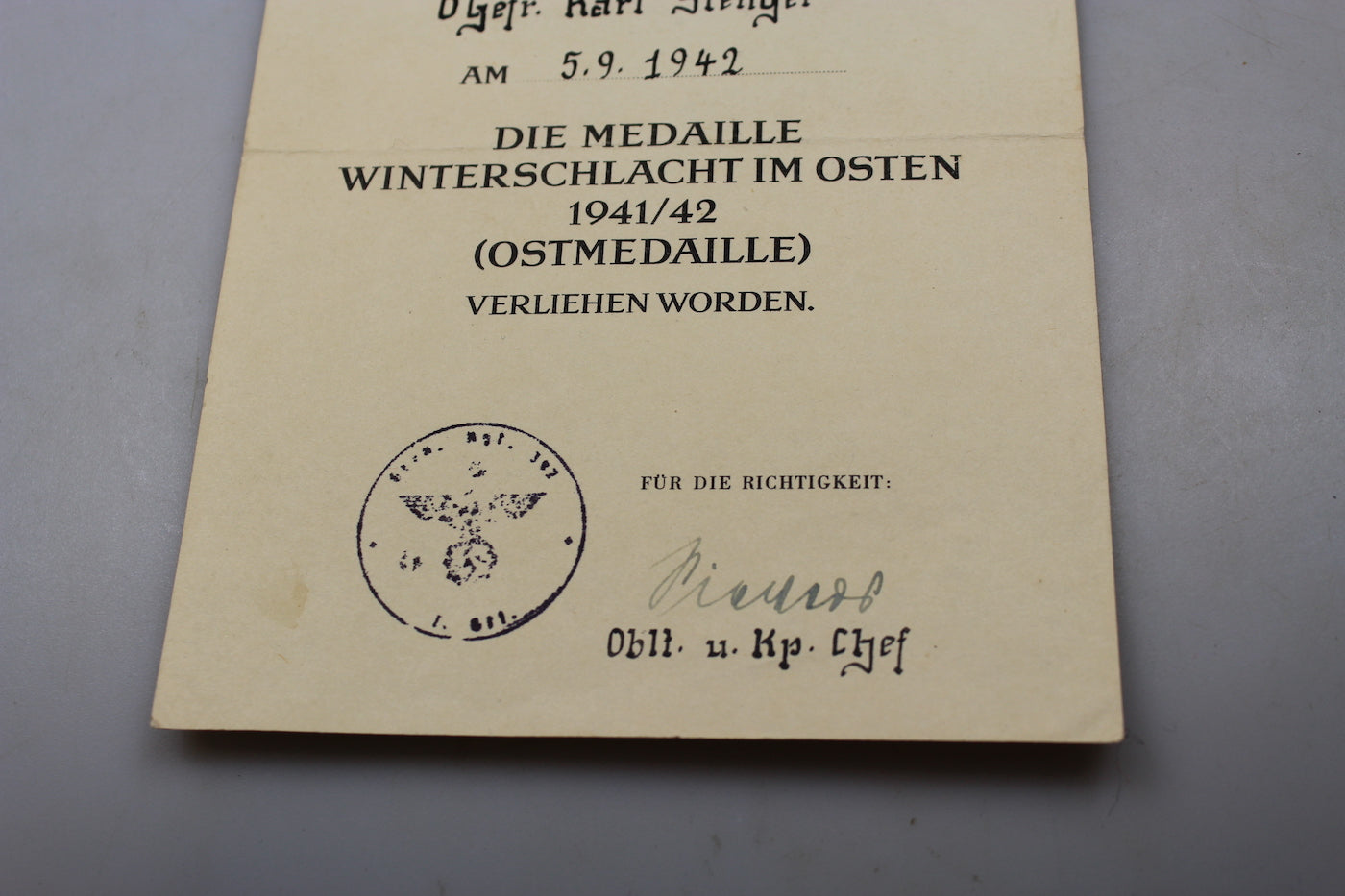 Attestato Ostmedaille 1941/42