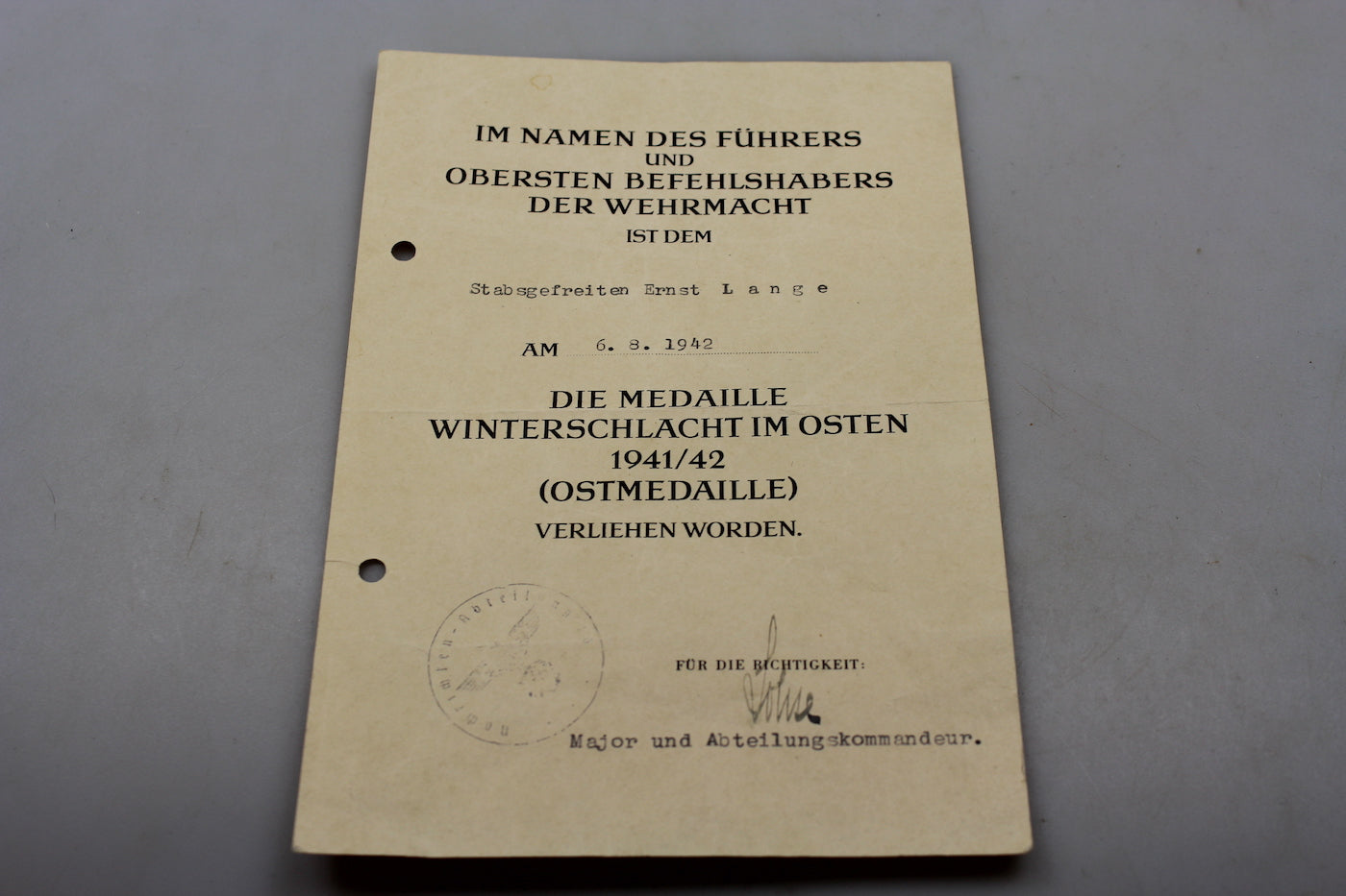 Attestato Ostmedaille 1941/42