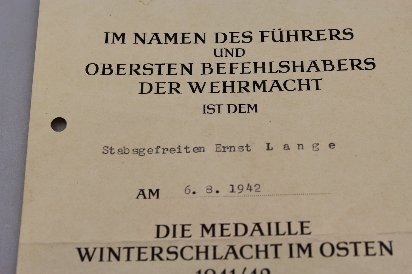 Attestato Ostmedaille 1941/42