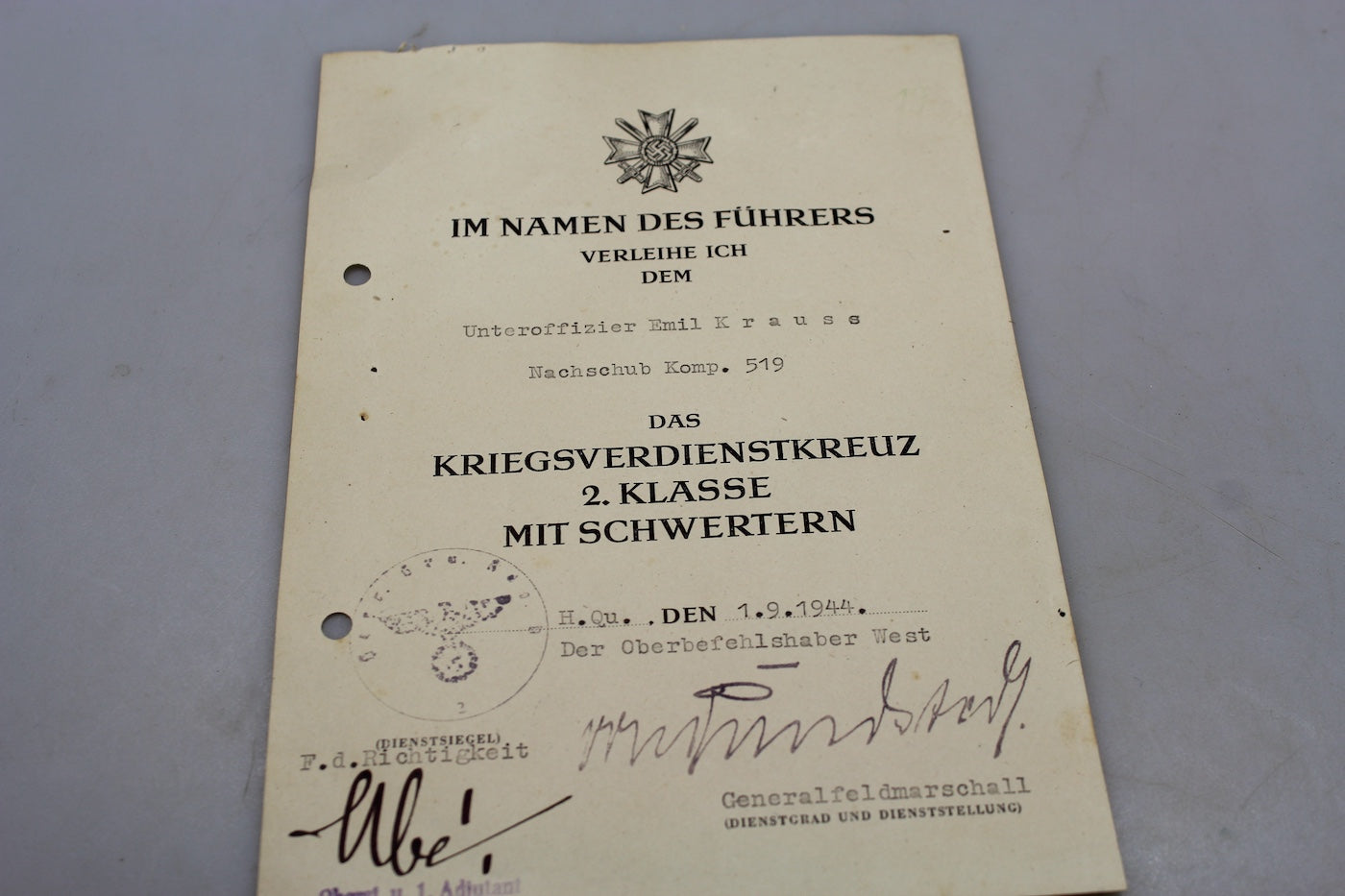 Attestato KVK con Spade firmato Karl Rudolf Gerd von Rundstedt