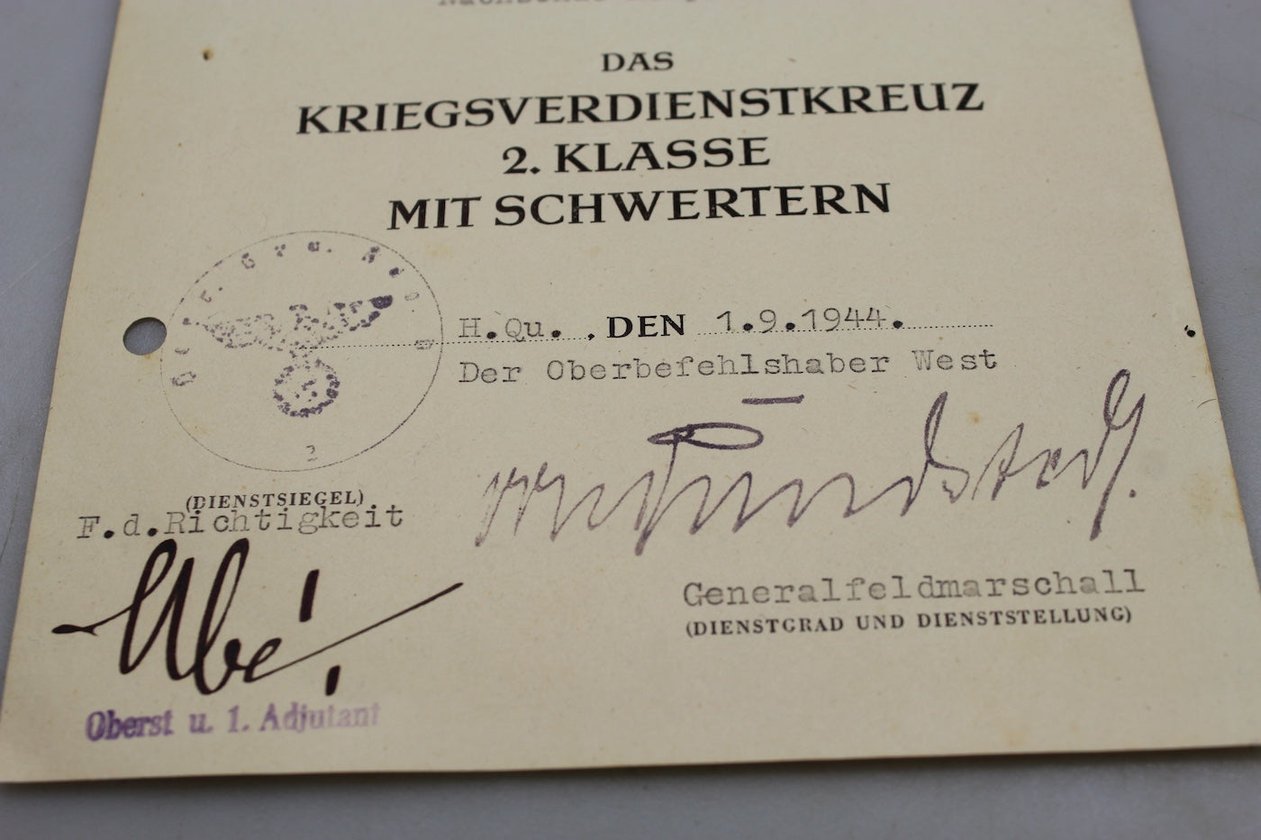 Attestato KVK con Spade firmato Karl Rudolf Gerd von Rundstedt