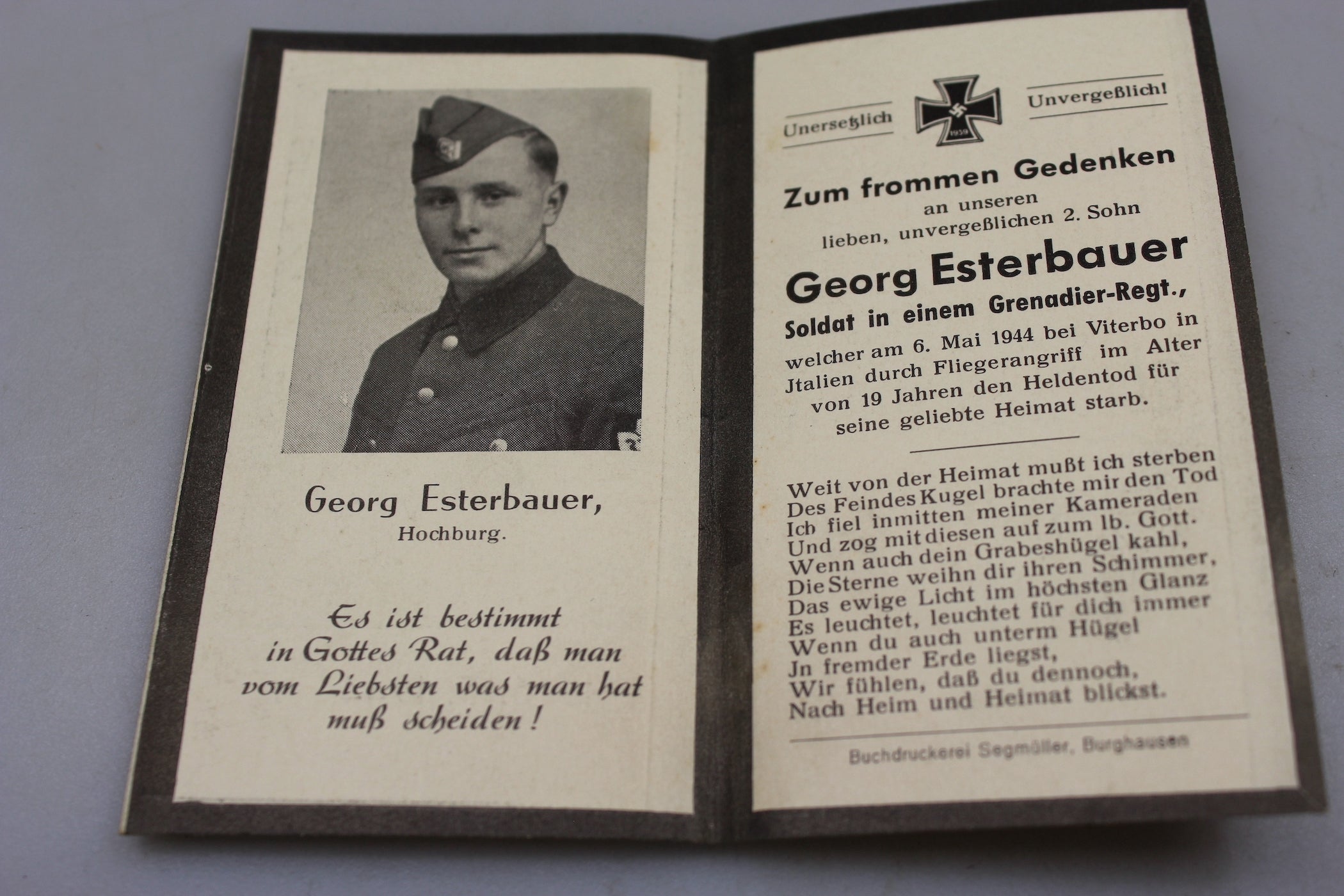 Sterbebilder Grenadier - Viterbo, 6/5/1944