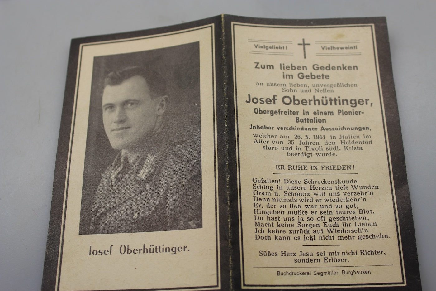 Sterbebilder Ob.Gef. Btg.. Pionieri caduto a Tivoli 26/5/44