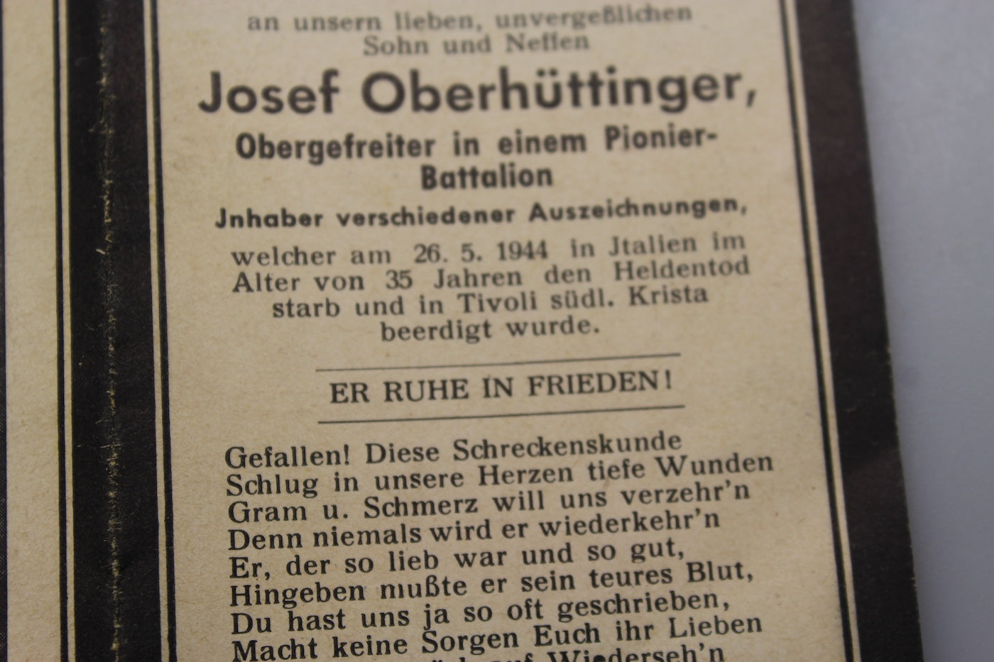 Sterbebilder Ob.Gef. Btg.. Pionieri caduto a Tivoli 26/5/44