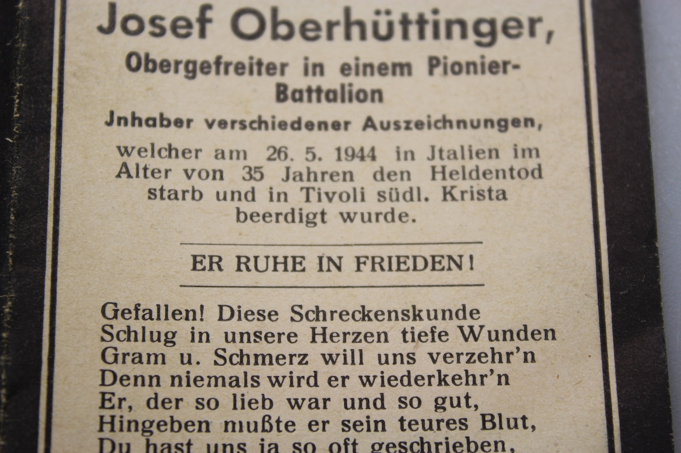 Sterbebilder Ob.Gef. Btg.. Pionieri caduto a Tivoli 26/5/44