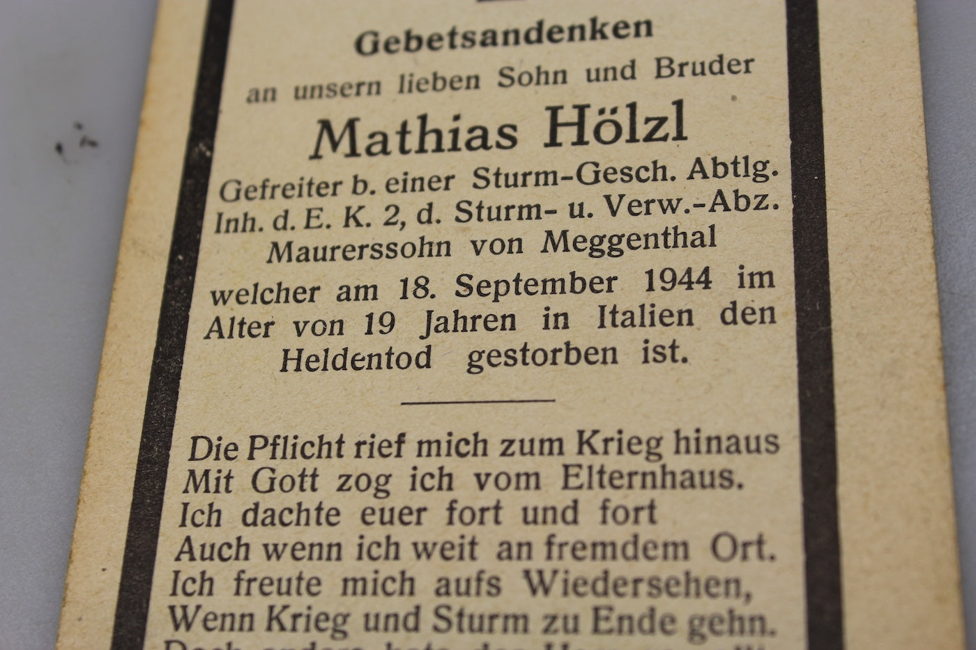 Sterbebilder Gef. Sturm Geschutz caduto Italia 18/9/44
