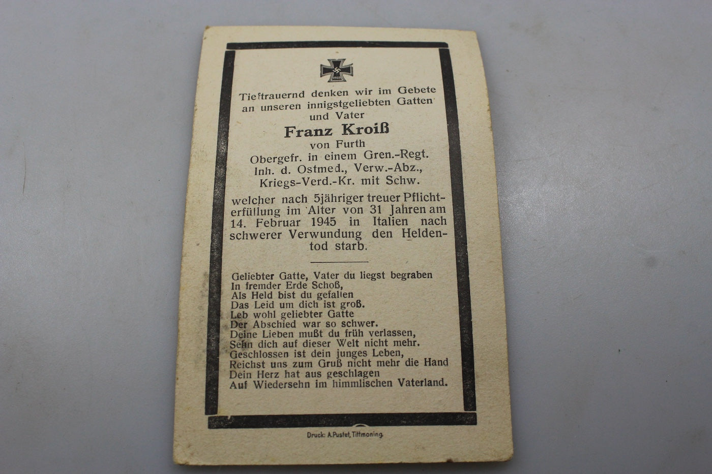 Sterbebilder caduto Italia 15/2/1945