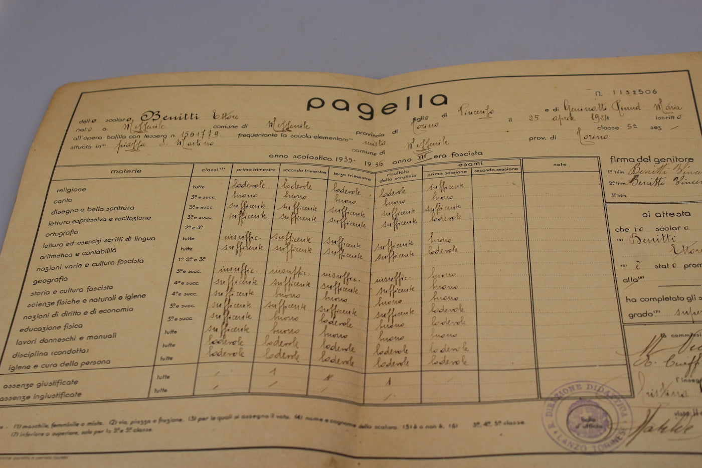 Pagella scolastica OB XIV° E.F.