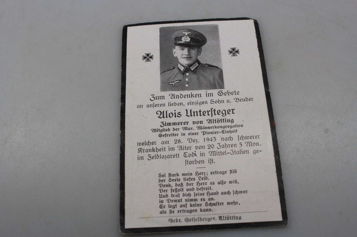 Sterbebilder Gefreiter Genio Todi (PG) 28/12/43