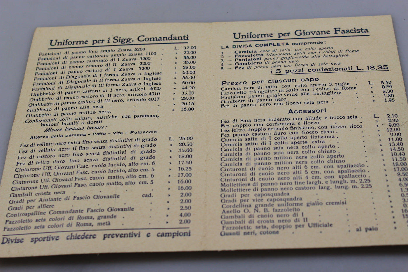Listino prezzi Sartoria FGC