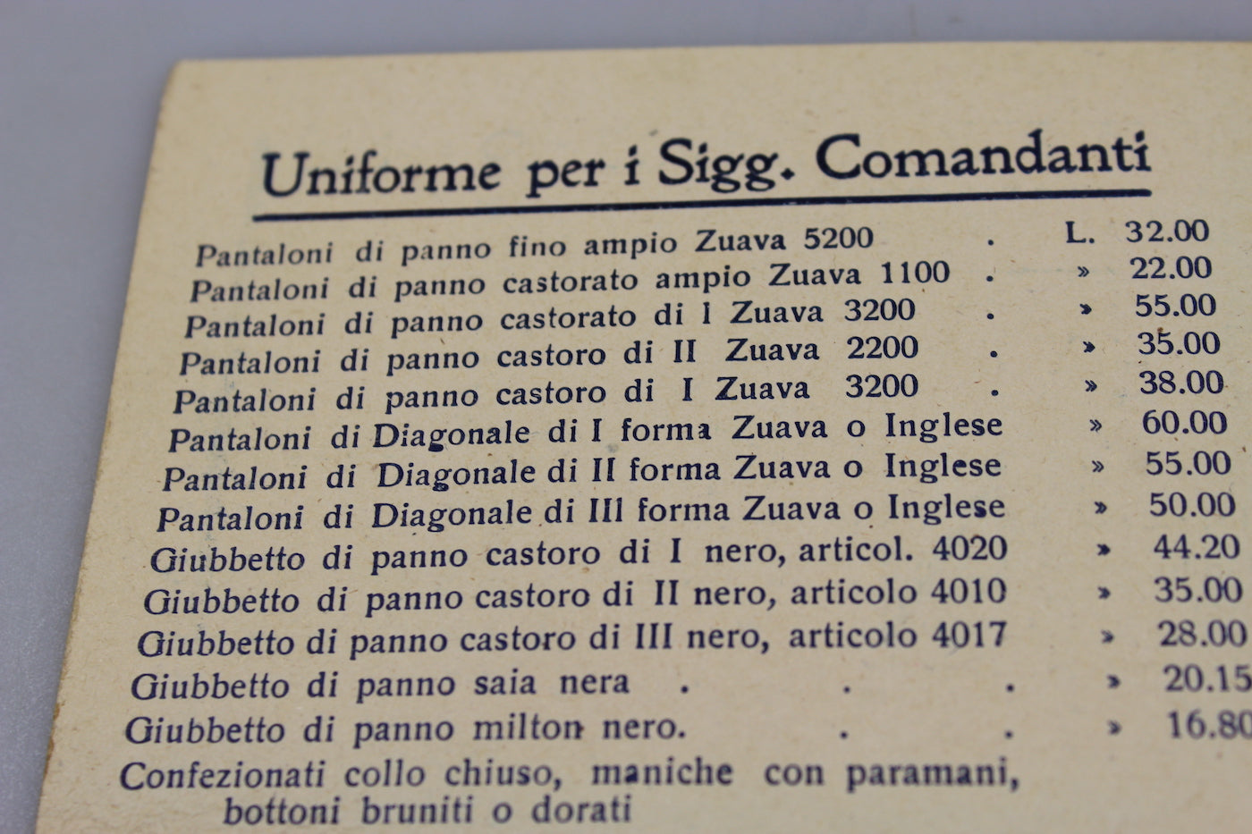 Listino prezzi Sartoria FGC