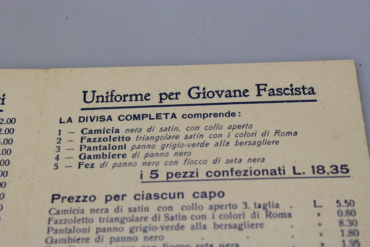 Listino prezzi Sartoria FGC