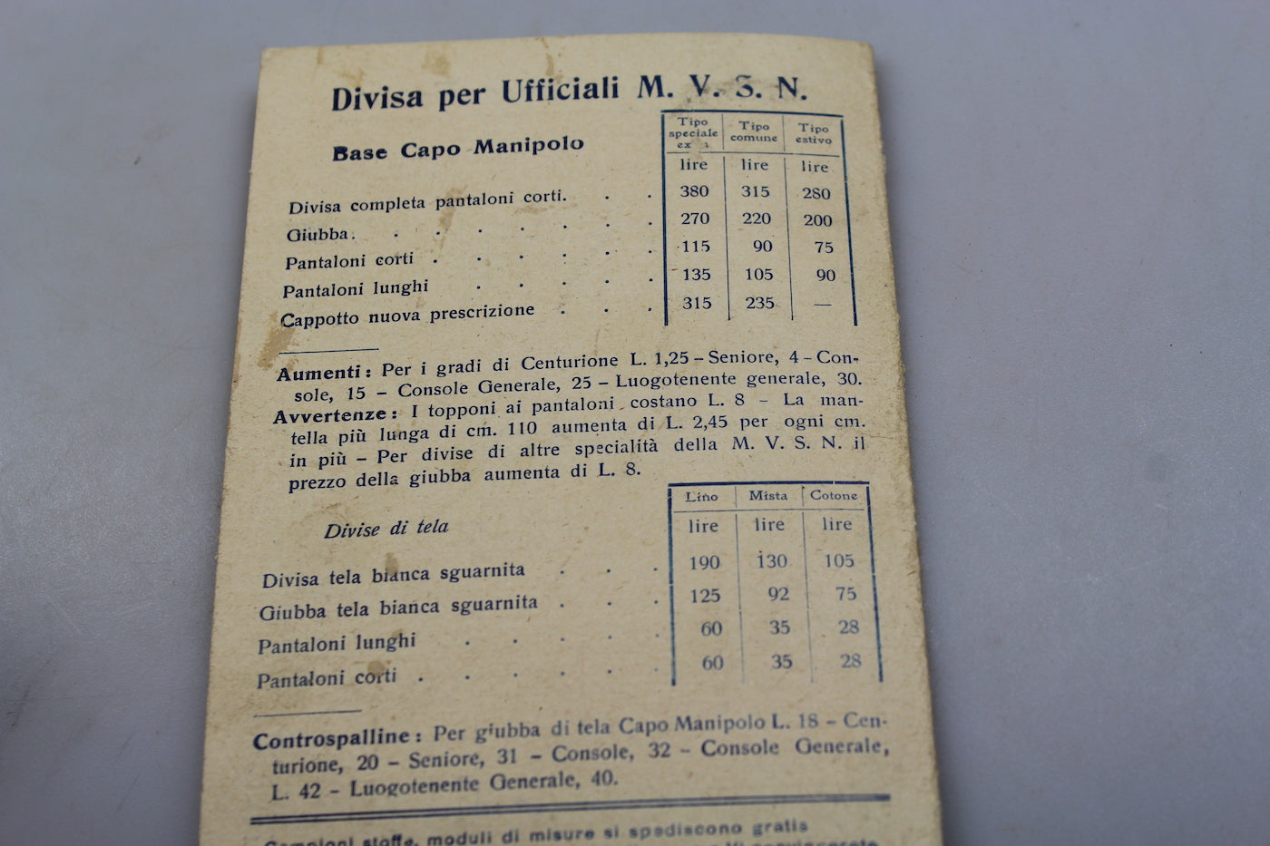 Listino prezzi Sartoria FGC