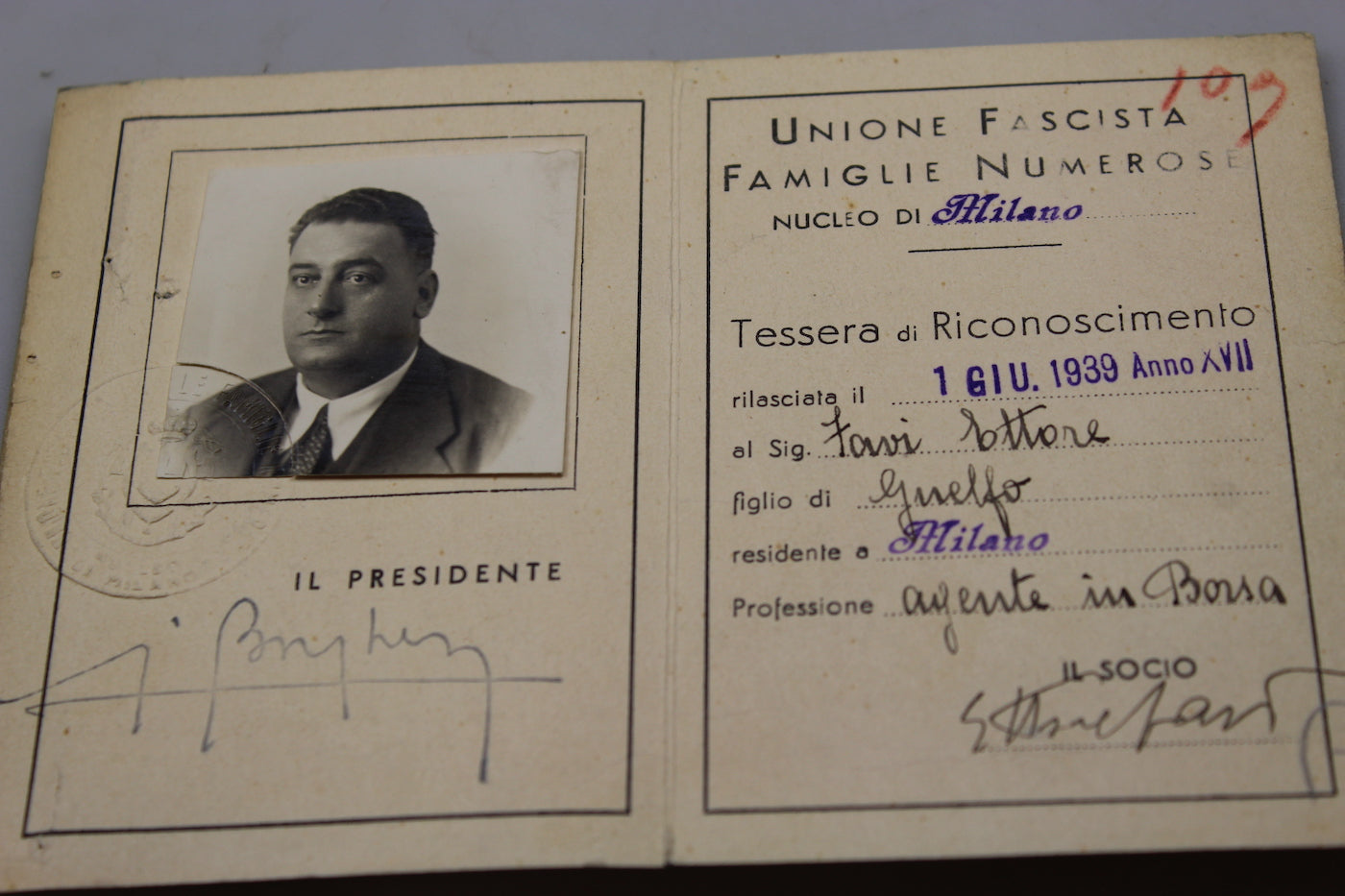 Tessera U.F.F.N. - 1939 - Milano