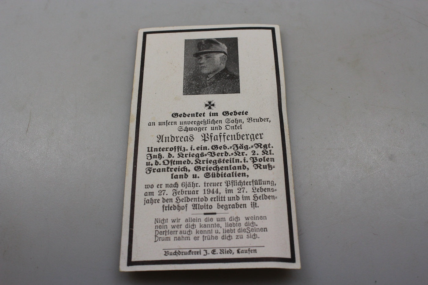 Sterbebilder Unteroffizier GJ caduto Alvito (FR) 27/2/44