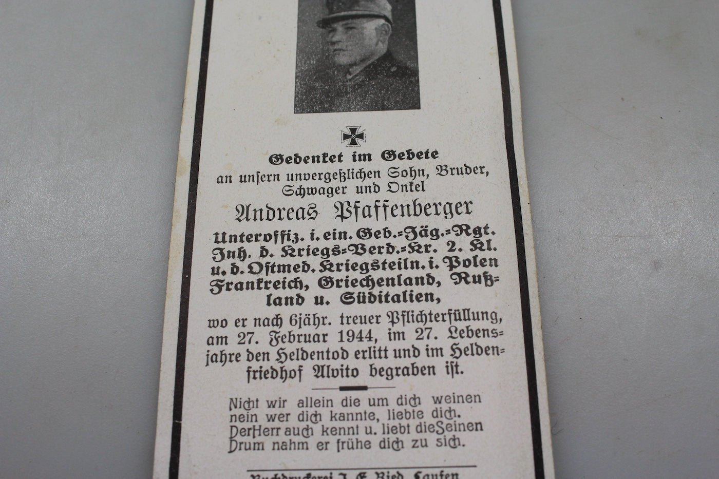 Sterbebilder Unteroffizier GJ caduto Alvito (FR) 27/2/44