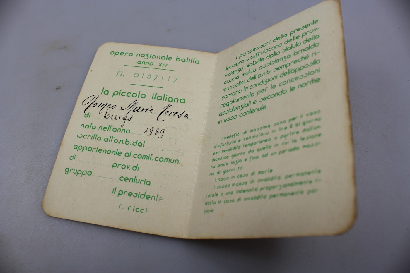Tessera ONB “Piccola Italiana" XIV°