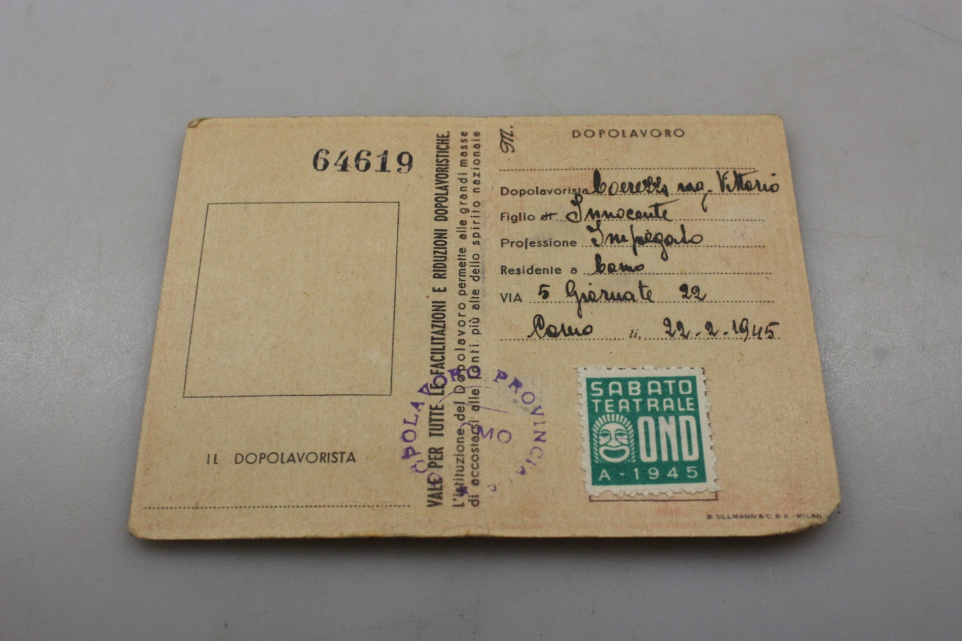 Tessera iscritto OND 1945 - RSI