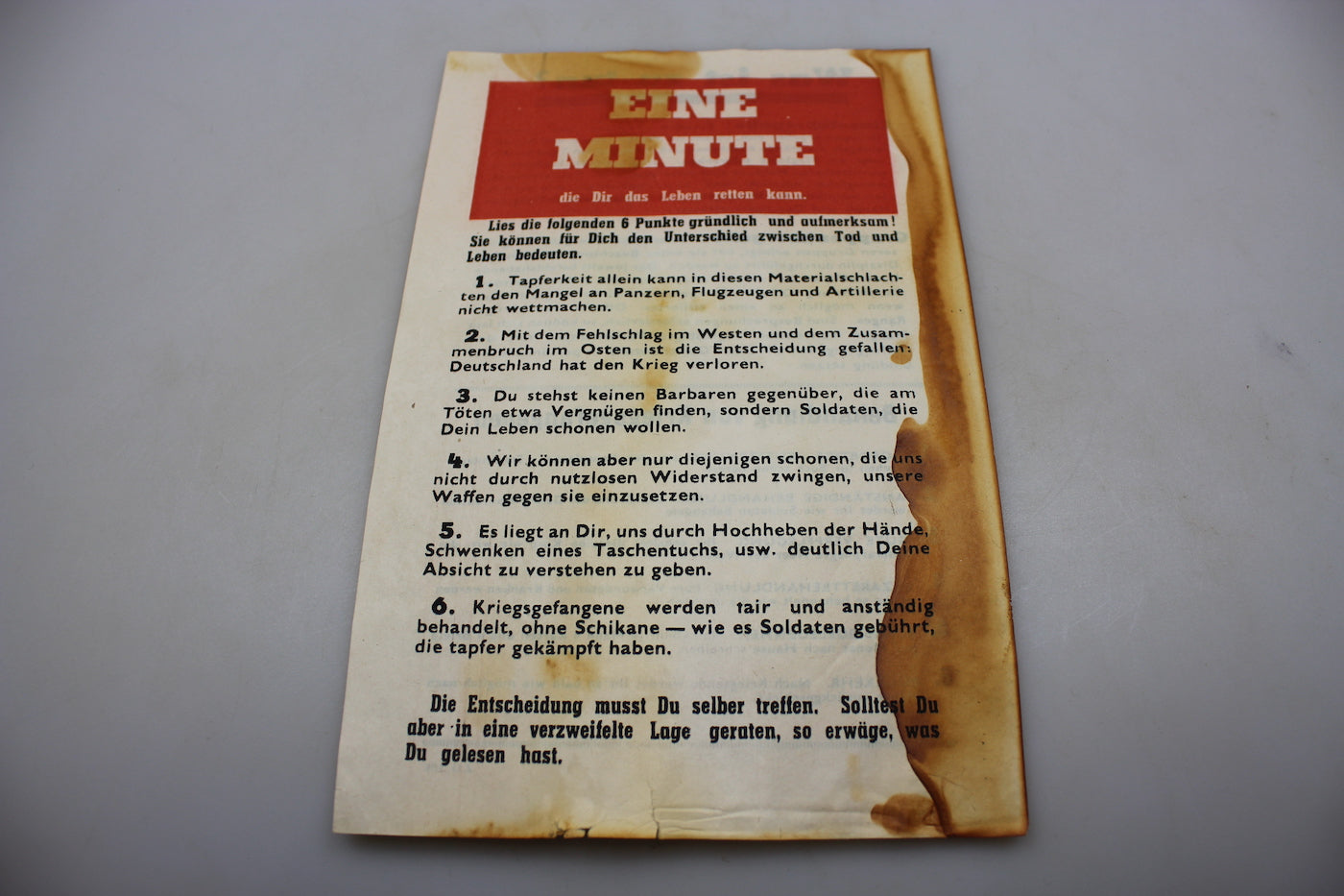 “Eine Minute”. Volantino di propaganda Alleata WW2