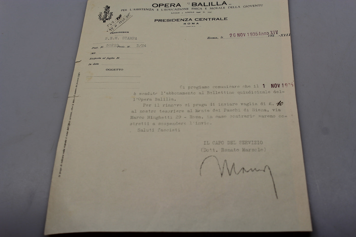 Circolare Opera Balilla - 1935