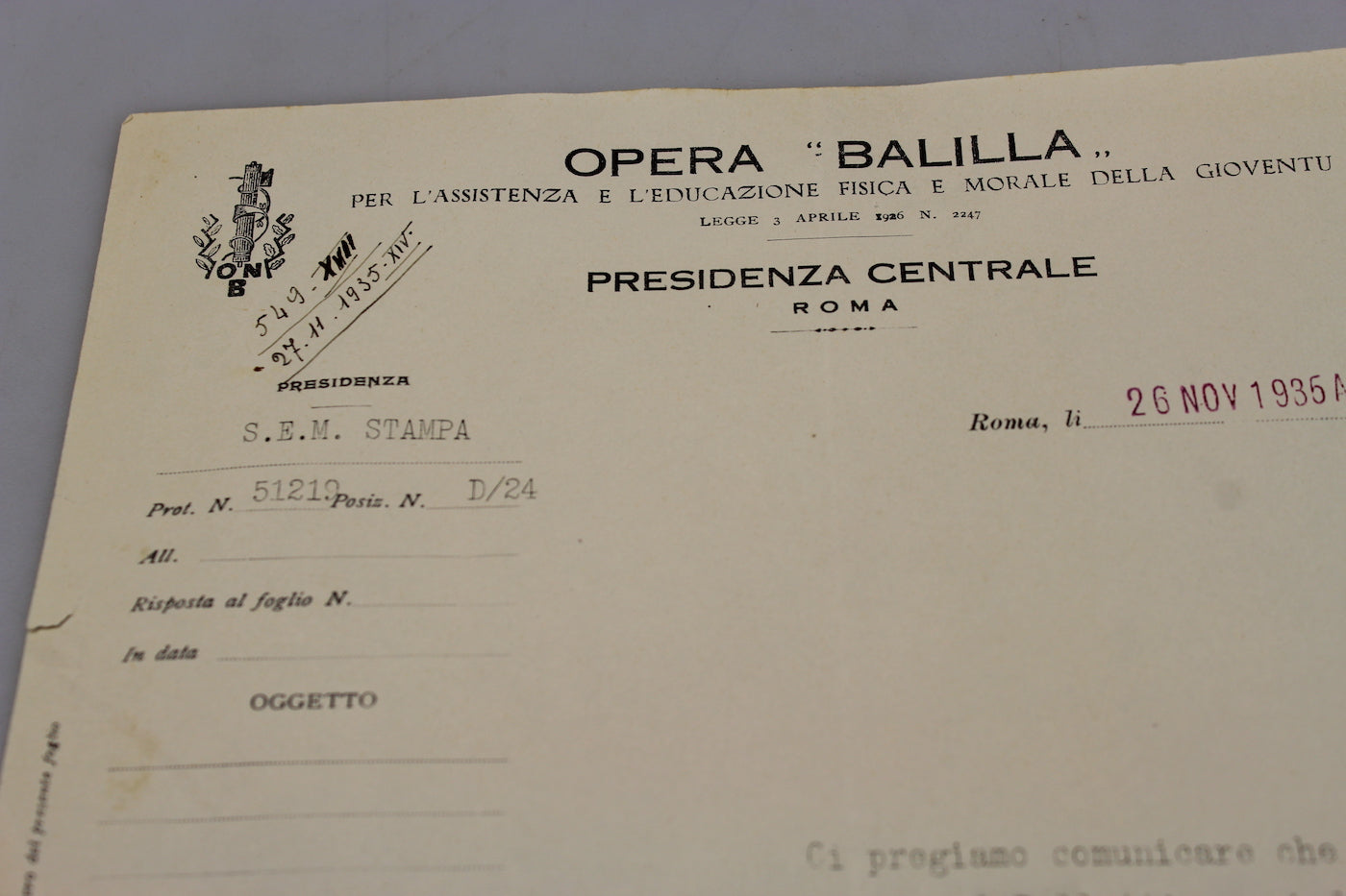 Circolare Opera Balilla - 1935
