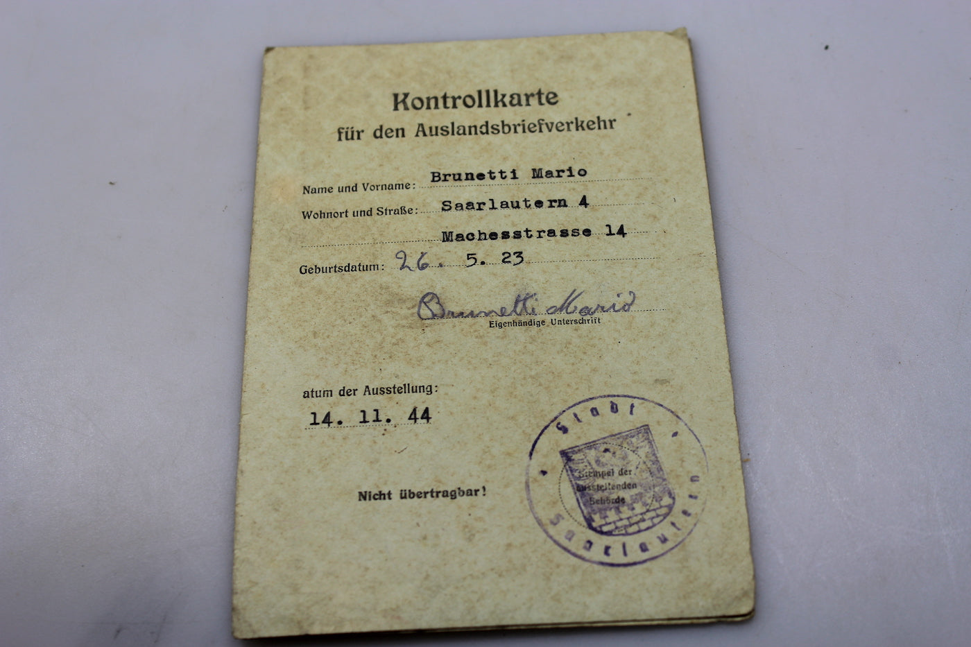 Kontrollkarte fur den Auslandsbriefverkerh