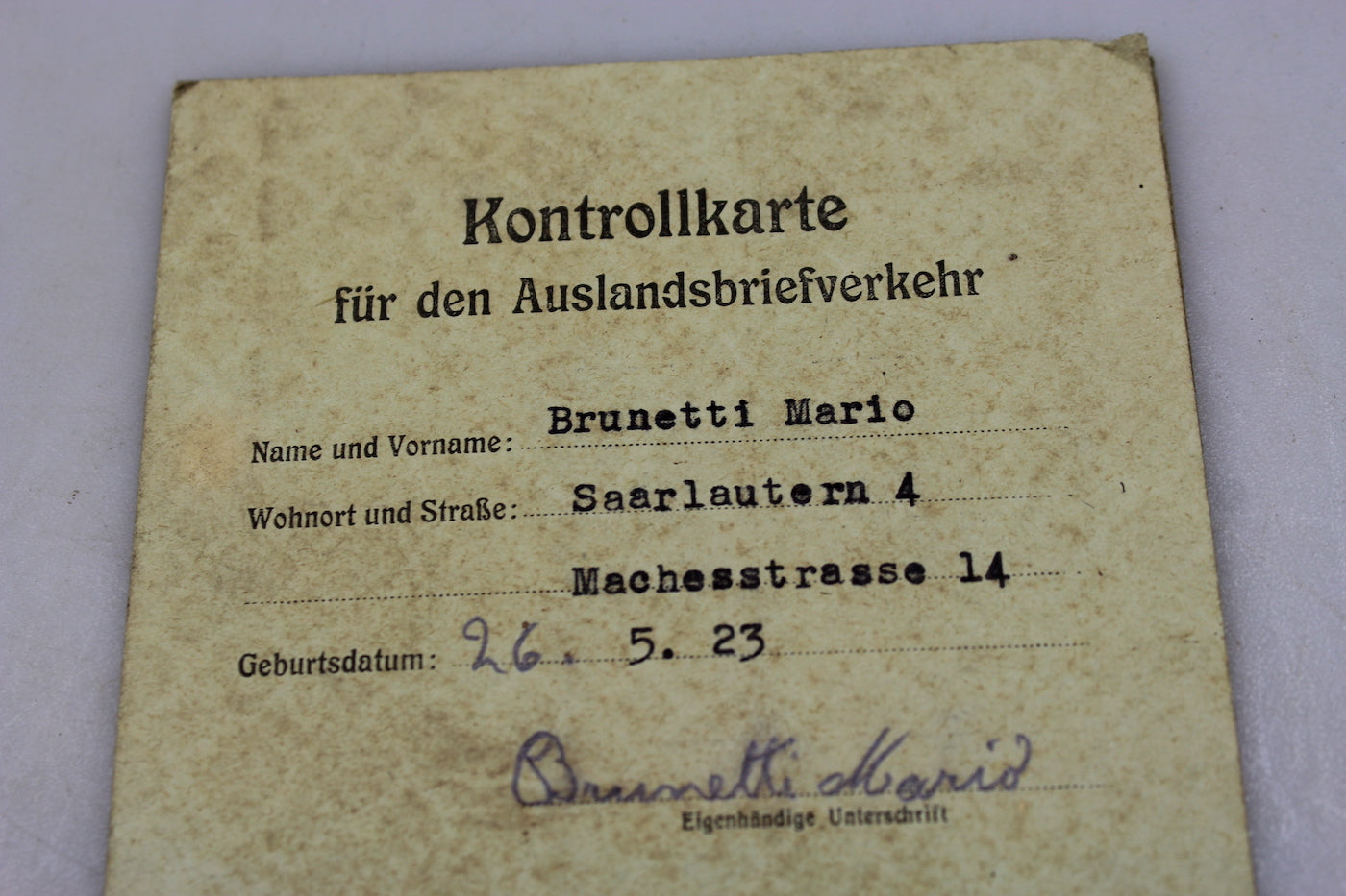 Kontrollkarte fur den Auslandsbriefverkerh