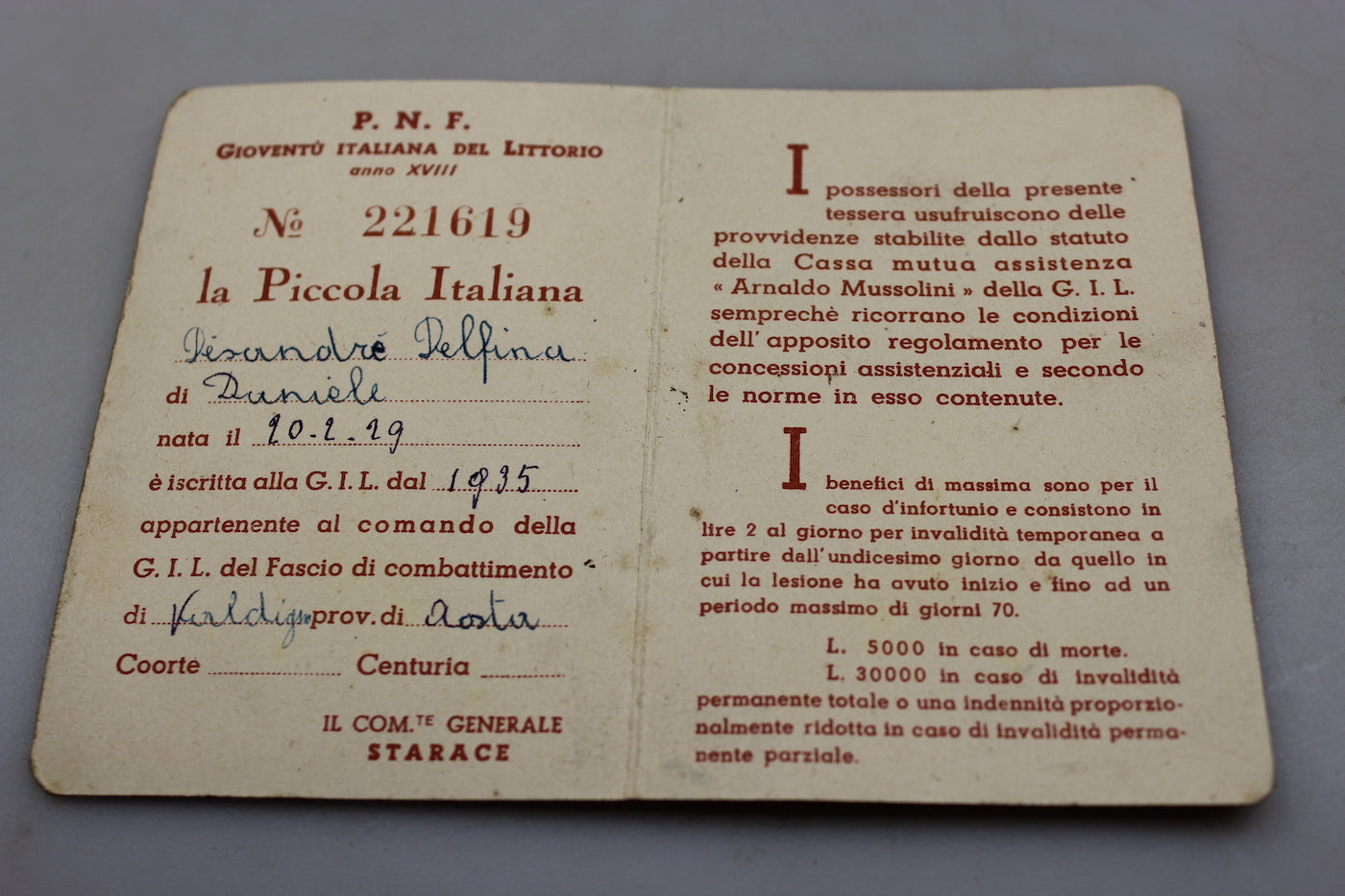 Tessera " Piccola Italiana " XVIII°