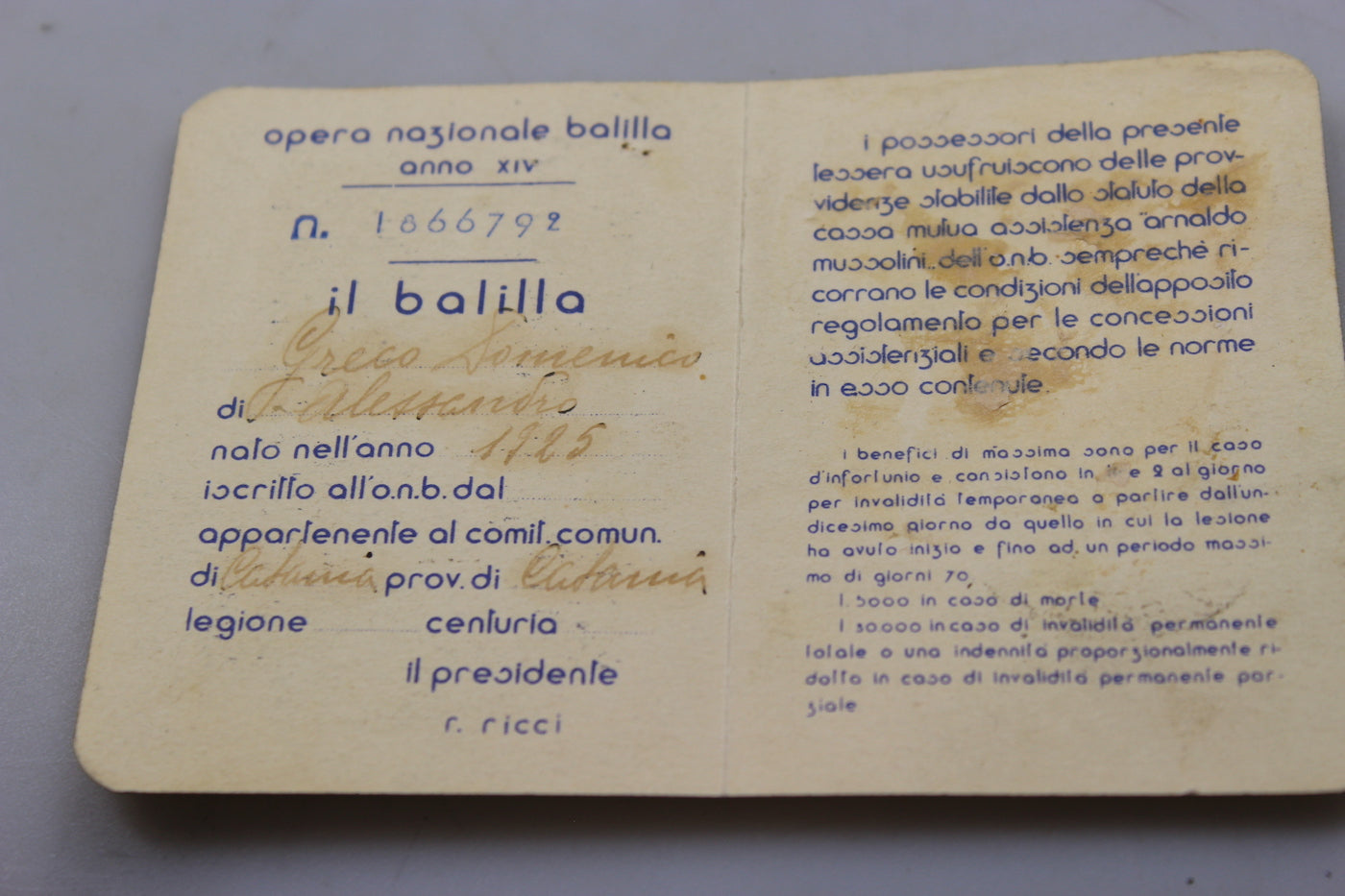 Tessera ONB “Balilla” XIV° E.F.