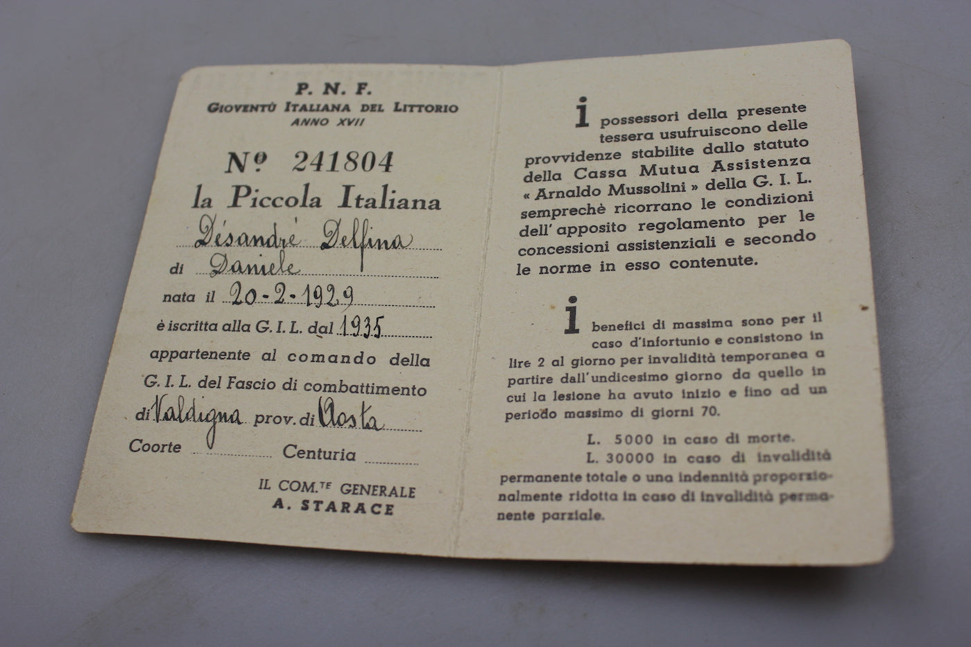 Tessera "Piccola Italiana" - XVII°