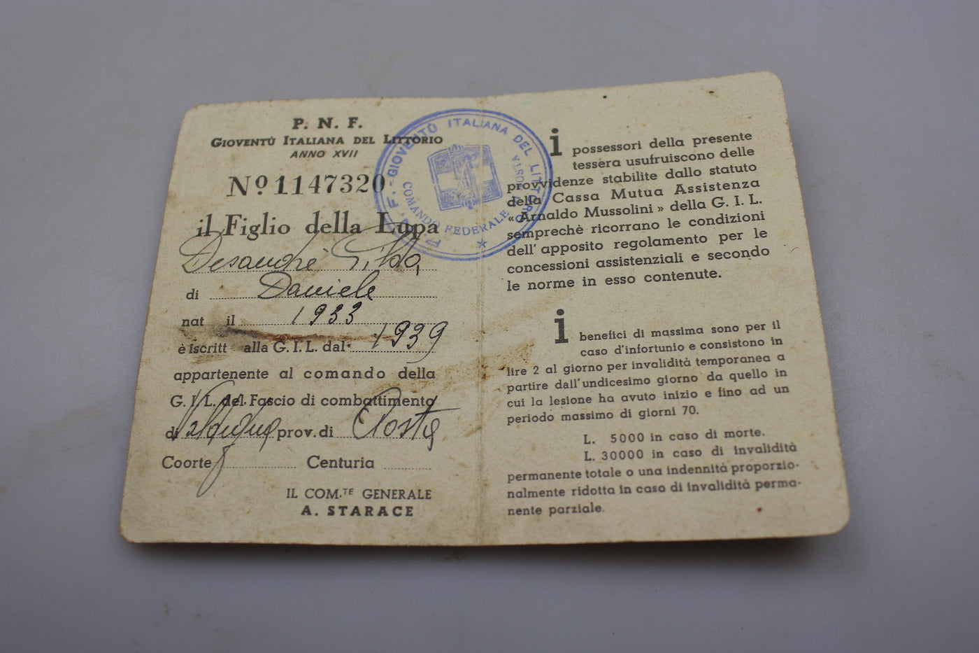 Tessera "Figlio della Lupa" XVII° E.F.