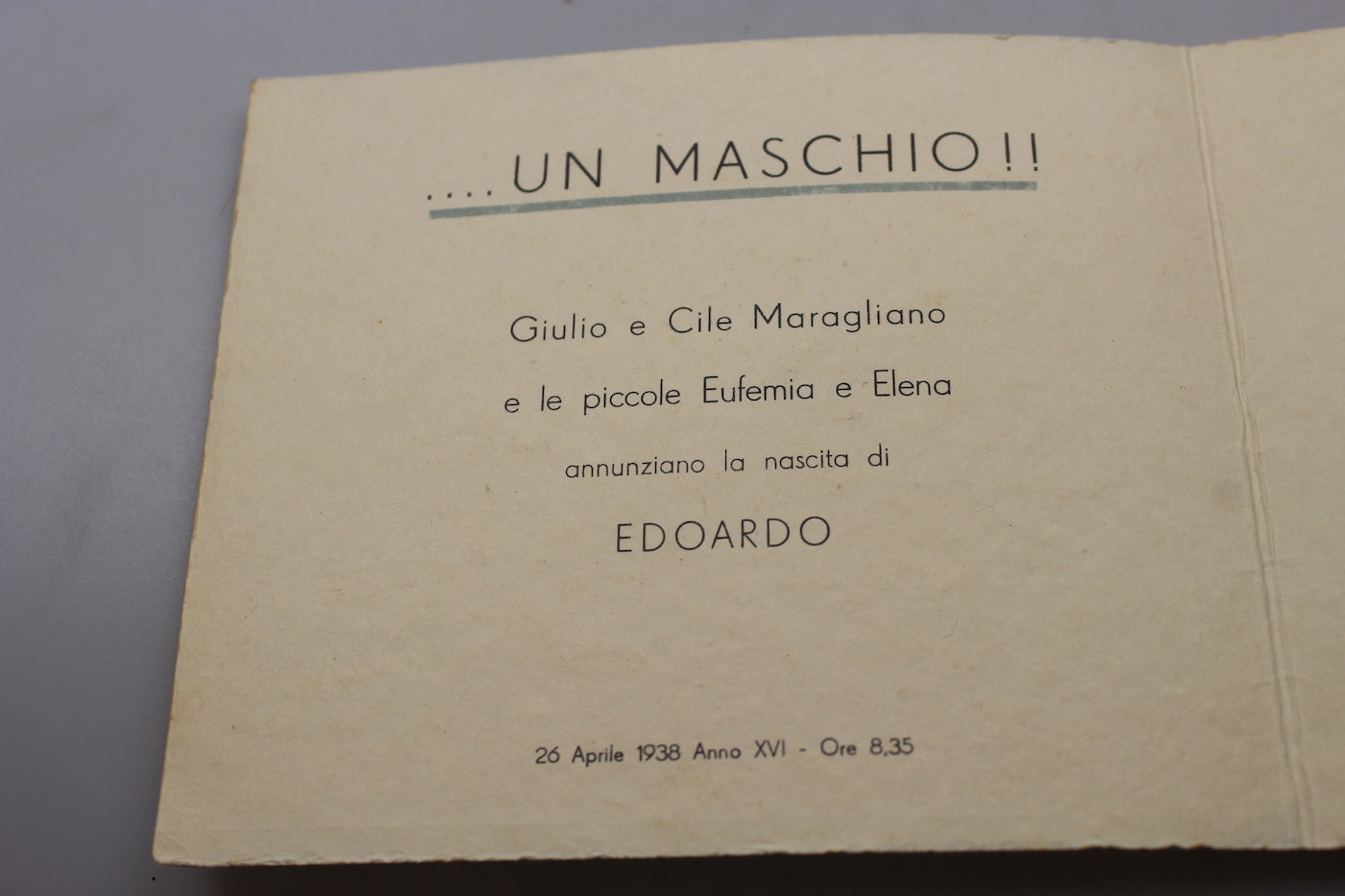 Annuncio nascita primogenito 1938