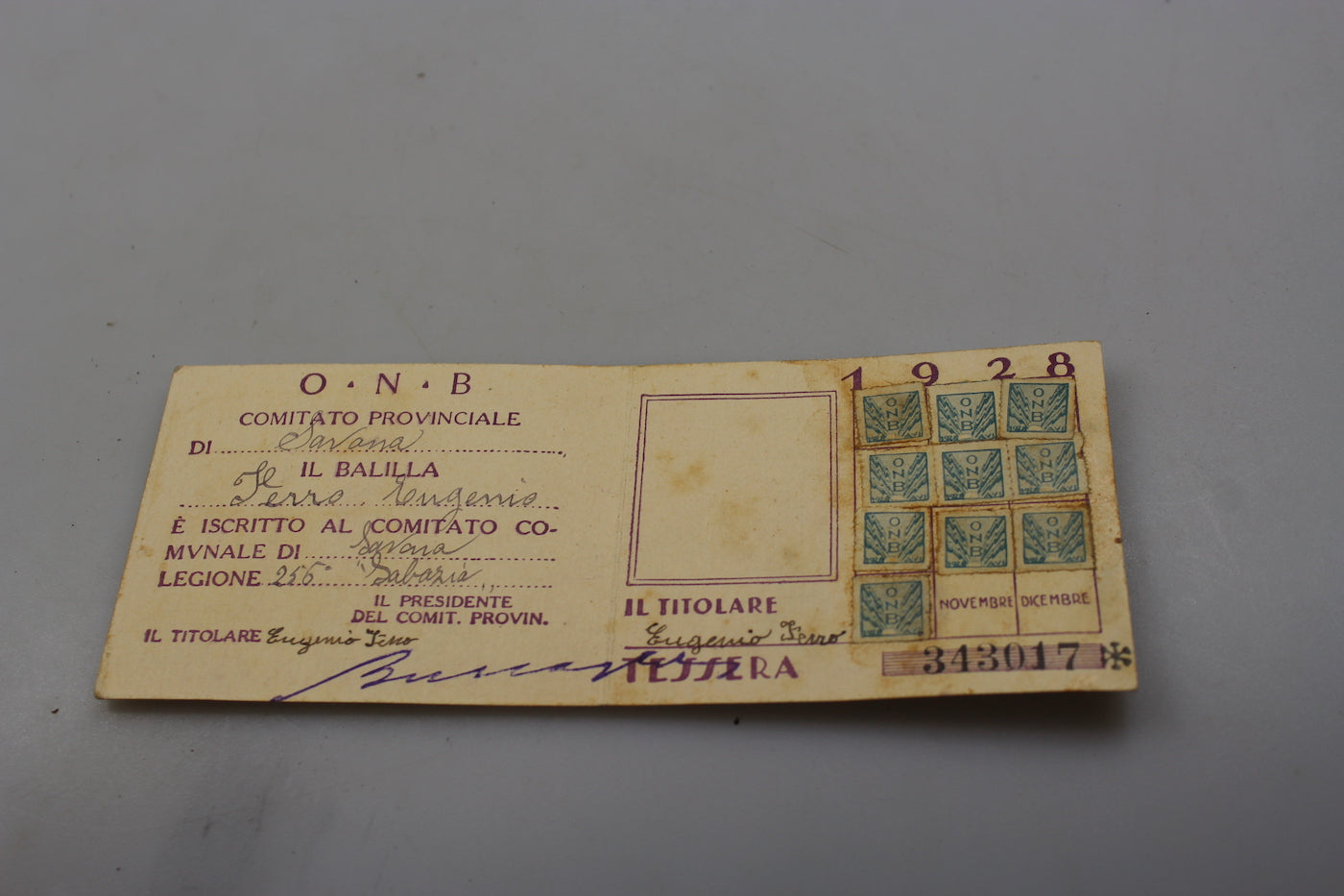 Tessera ONB - Balilla anno VI° EF