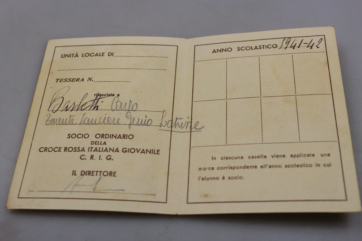 Tessera Croce Rossa Italiana Giovanile 1941/42