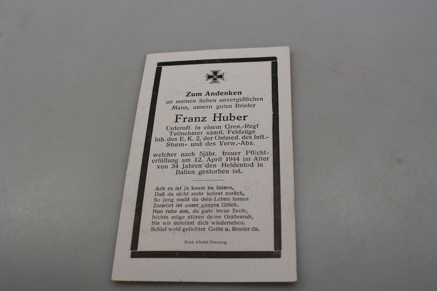 Sterbebilder Unteroffizier Gren.Rgt. caduto Italia il 12/4/44