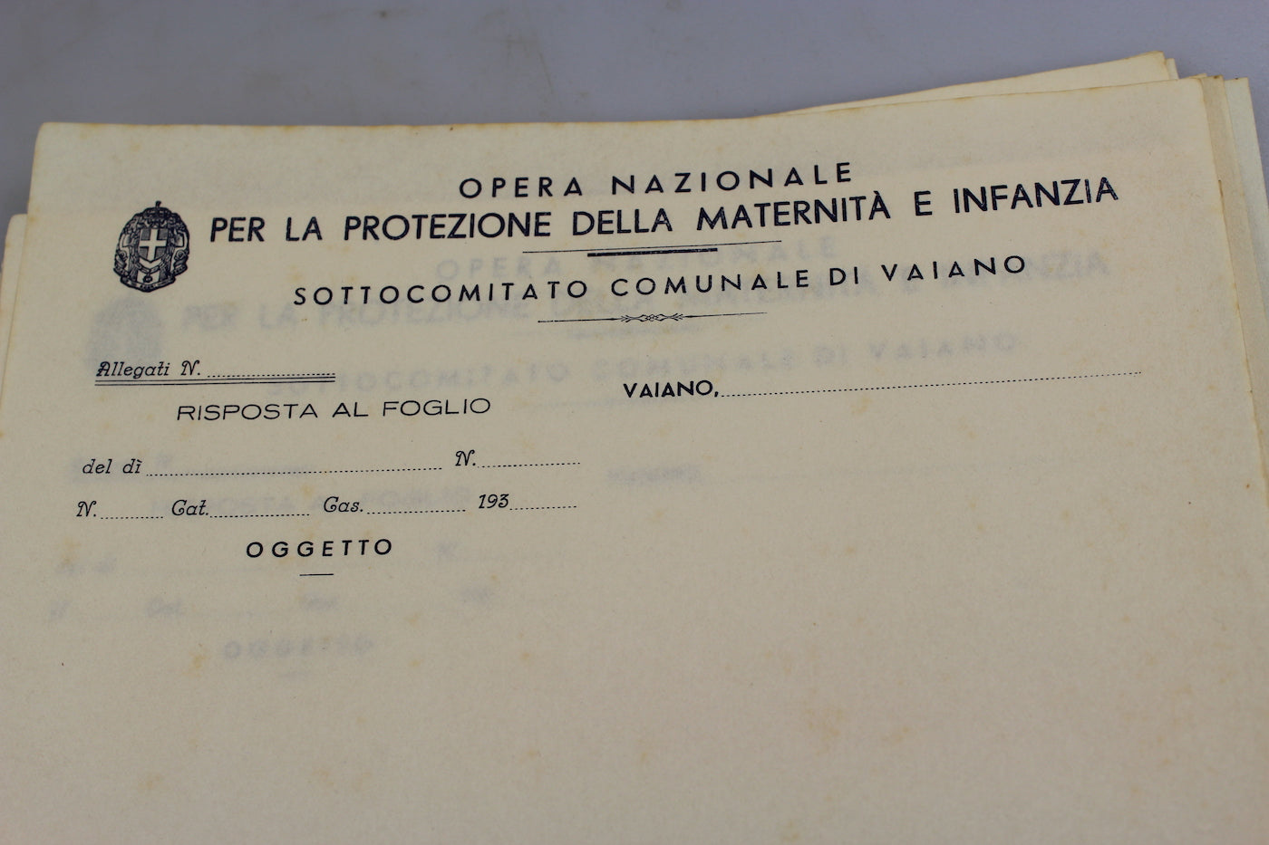 #26 moduli prestampati Opera Nazionale per la protezione della maternità e infanzia