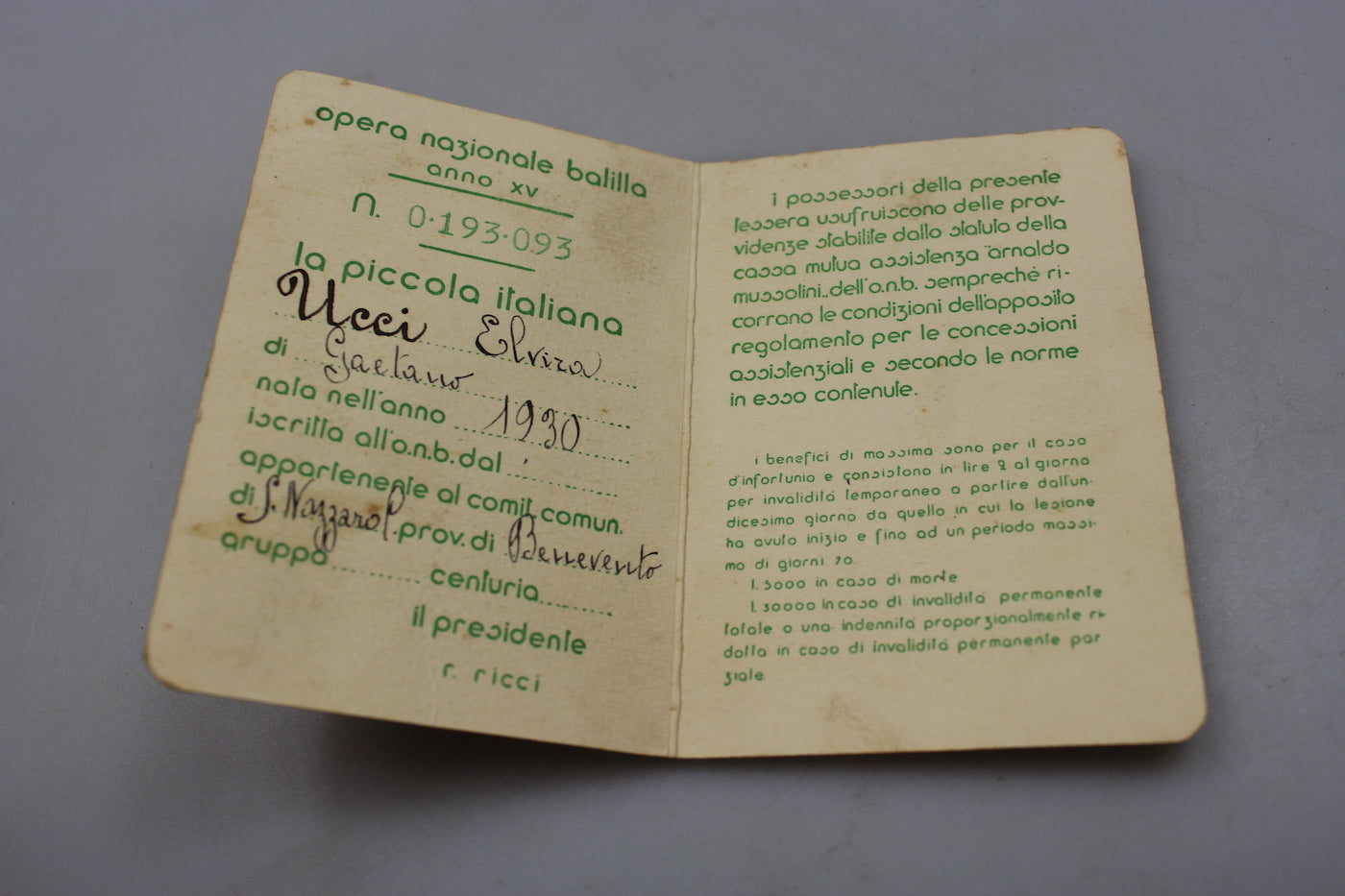 Tessera ONB "Piccola Italiana" XV° E.F.