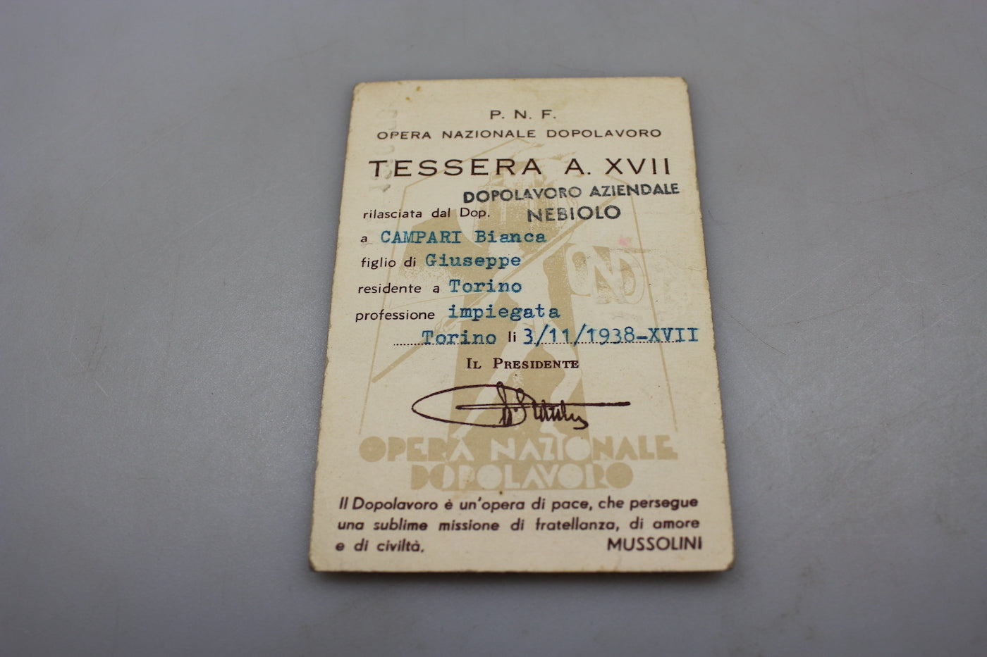 Tessera OND Torino XVII° E.F.