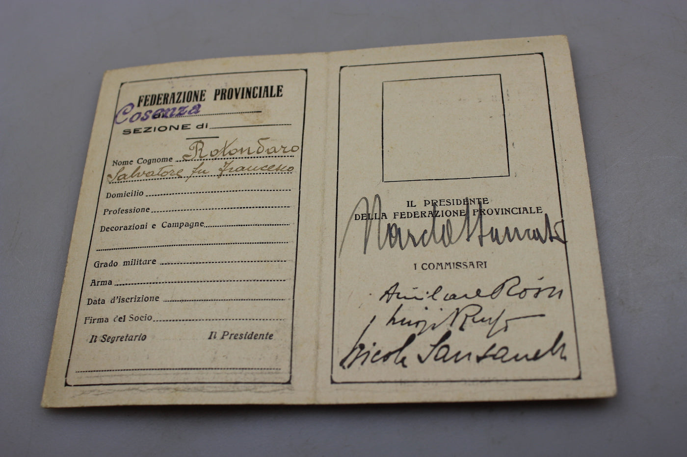 Tessera iscritto ANC anno 1926