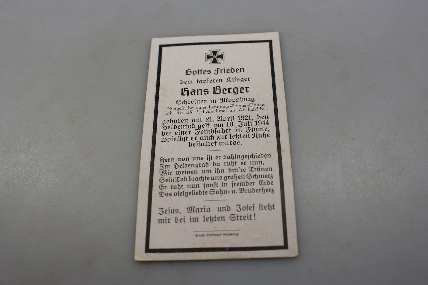 Sterbebilder Obgef. Genio - Fiume 10/7/44