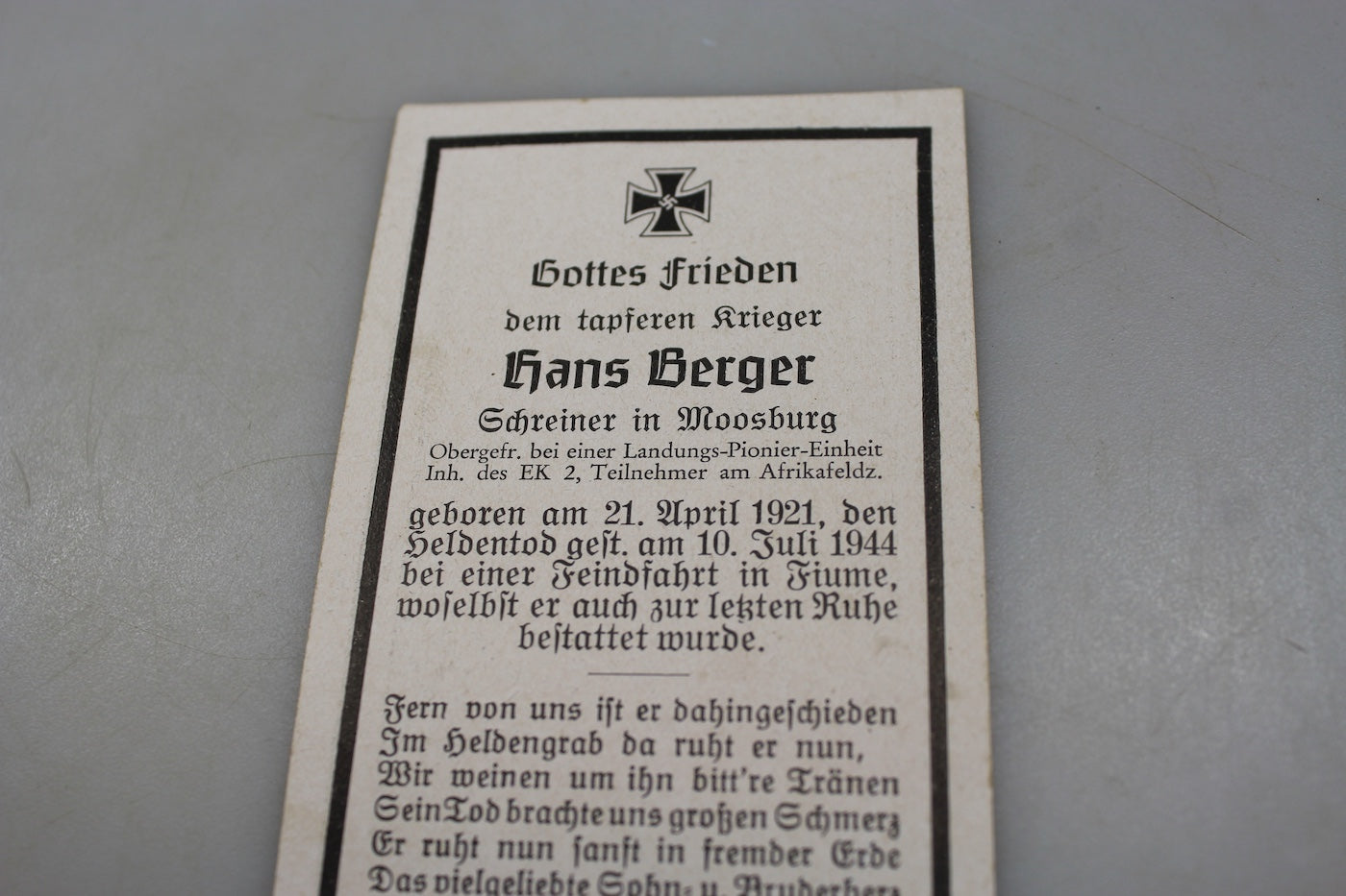 Sterbebilder Obgef. Genio - Fiume 10/7/44