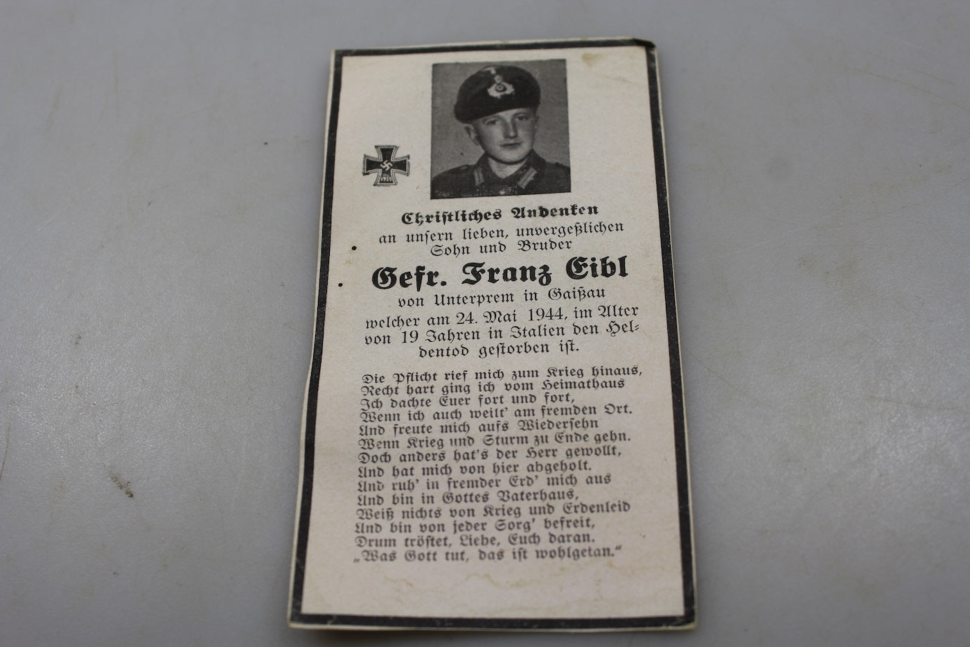 Sterbebilder Gefreiter GJ caduto in Italia 24/5/44