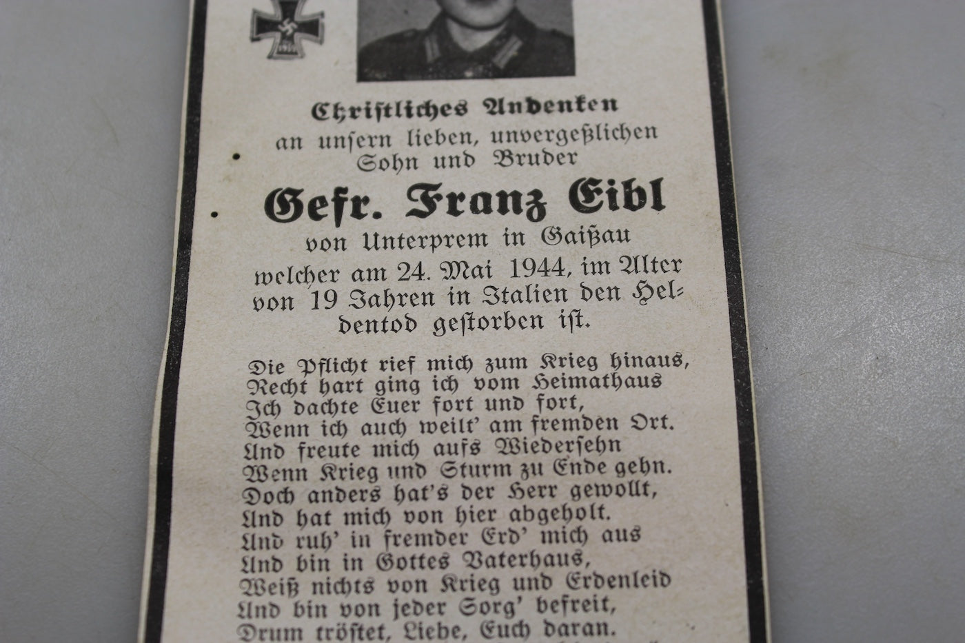 Sterbebilder Gefreiter GJ caduto in Italia 24/5/44